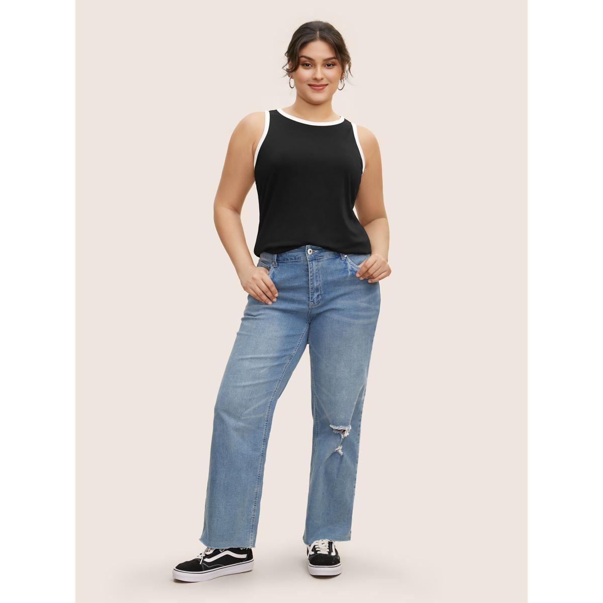 Plus Size Round Neck Contrast Trim Tank Top Women Black Casual Contrast Round Neck Everyday Tank Tops Camis BloomChic 18-20/2X Product Image