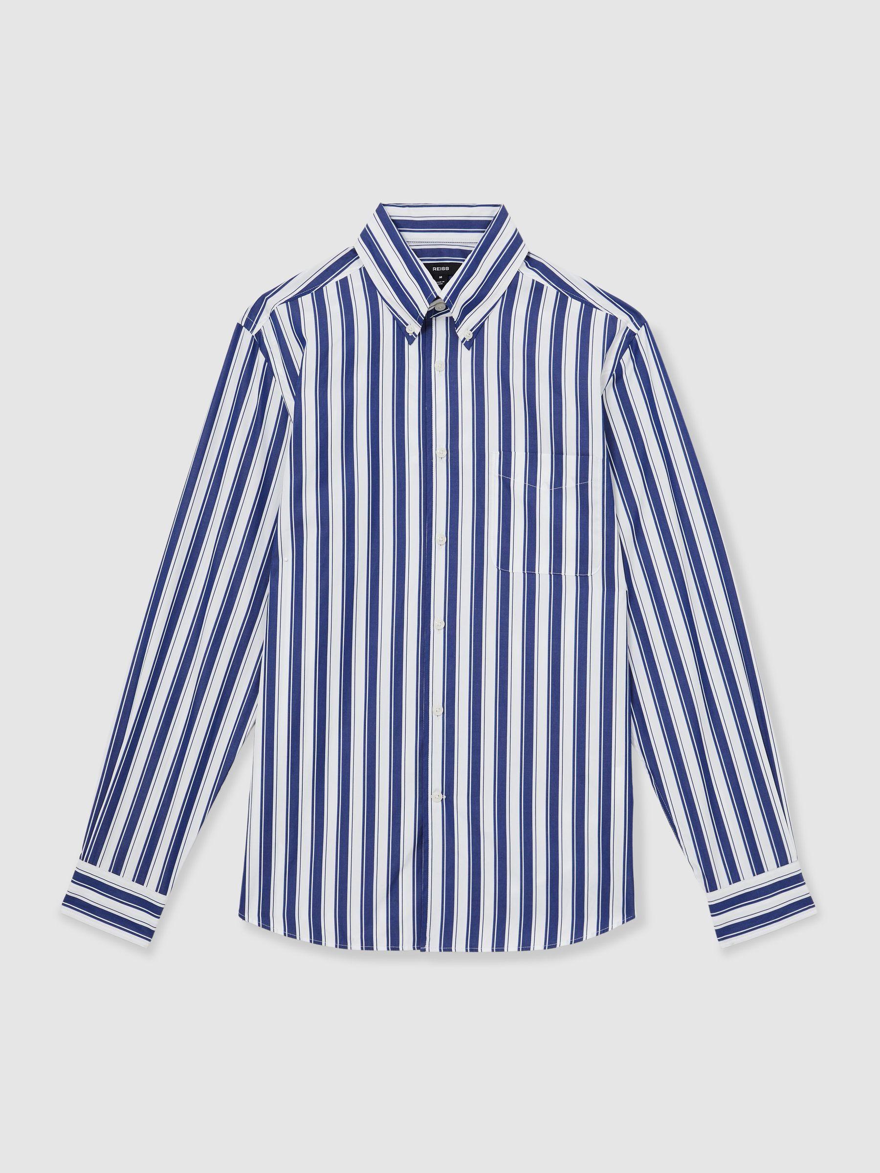 Cotton Stripe Button-Down Shirt Regular-Fit in White/Blue Product Image