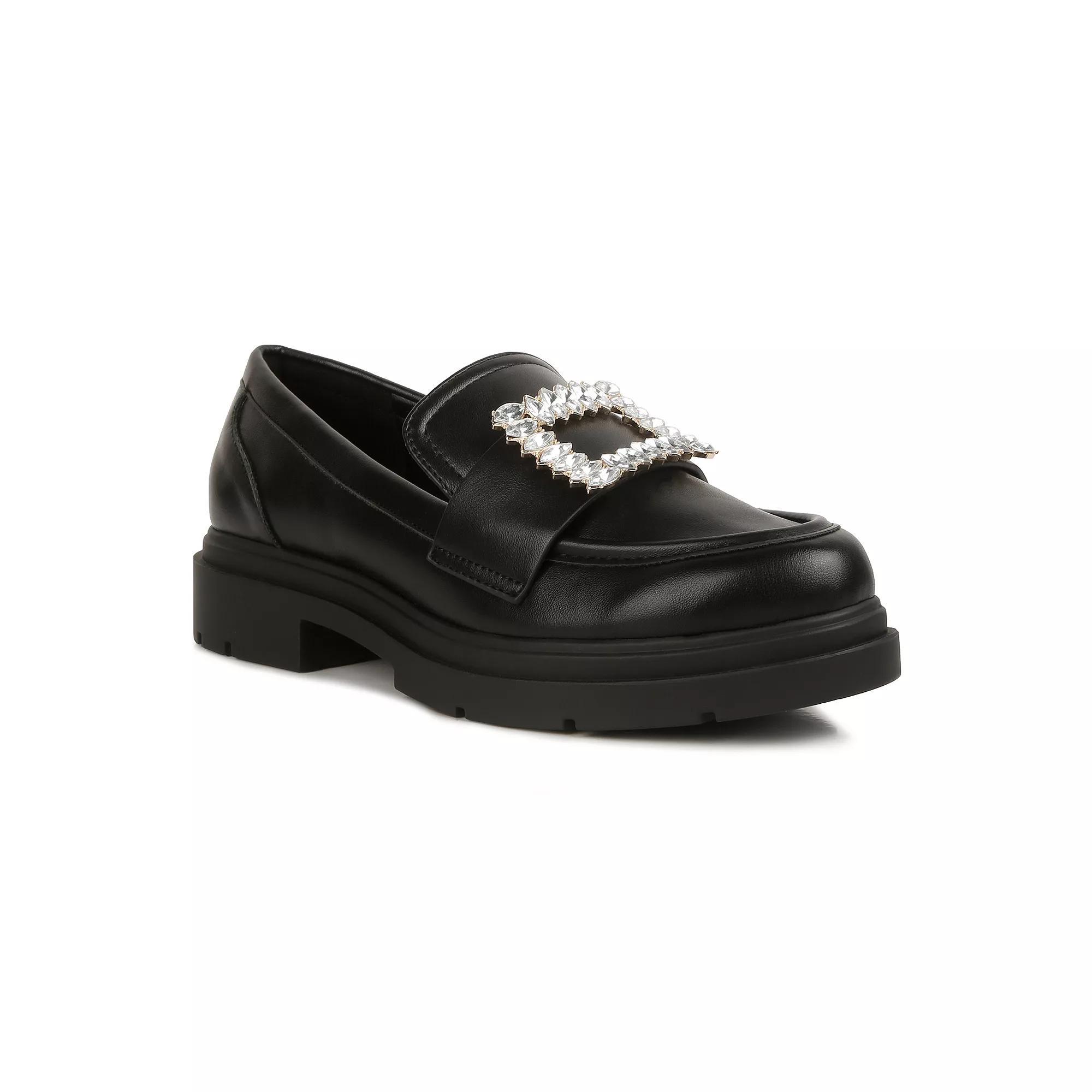 London Rag Bossi Women's Rhinestone Buckle Loafers, Size: 7, Black Product Image