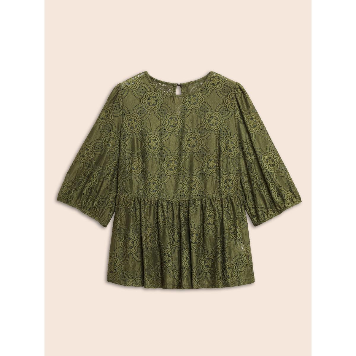Plus Size Olive Crew Neck Crochet Lace Lantern Sleeve Blouse Women Elegant Elbow-length sleeve Round Neck Everyday Blouses BloomChic 12/L Product Image