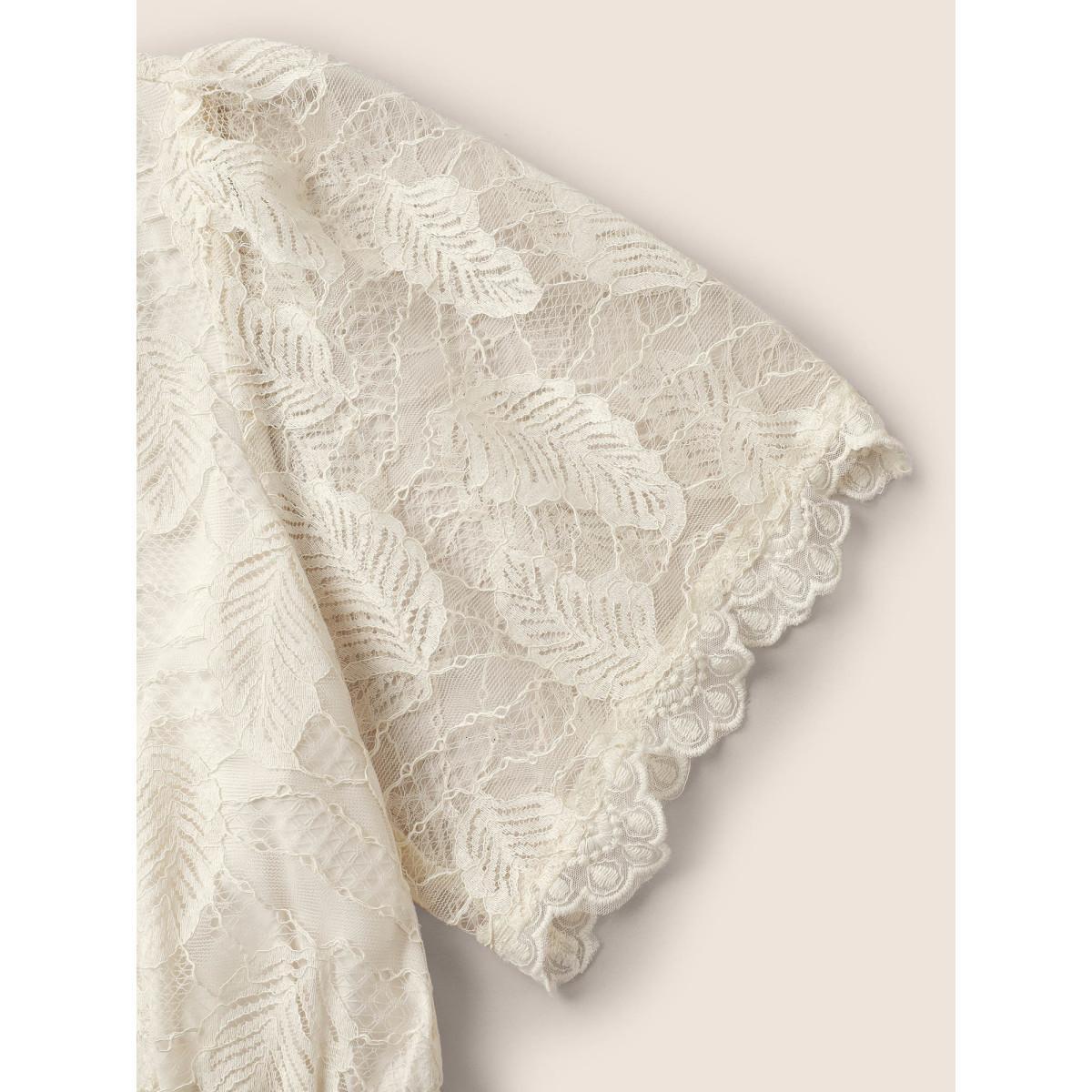 Plus Size Apricot Lace Panel Mesh Patchwork Elastic Waist Blouse Women Elegant Short sleeve V-neck Everyday Blouses BloomChic 22-24/3X Product Image