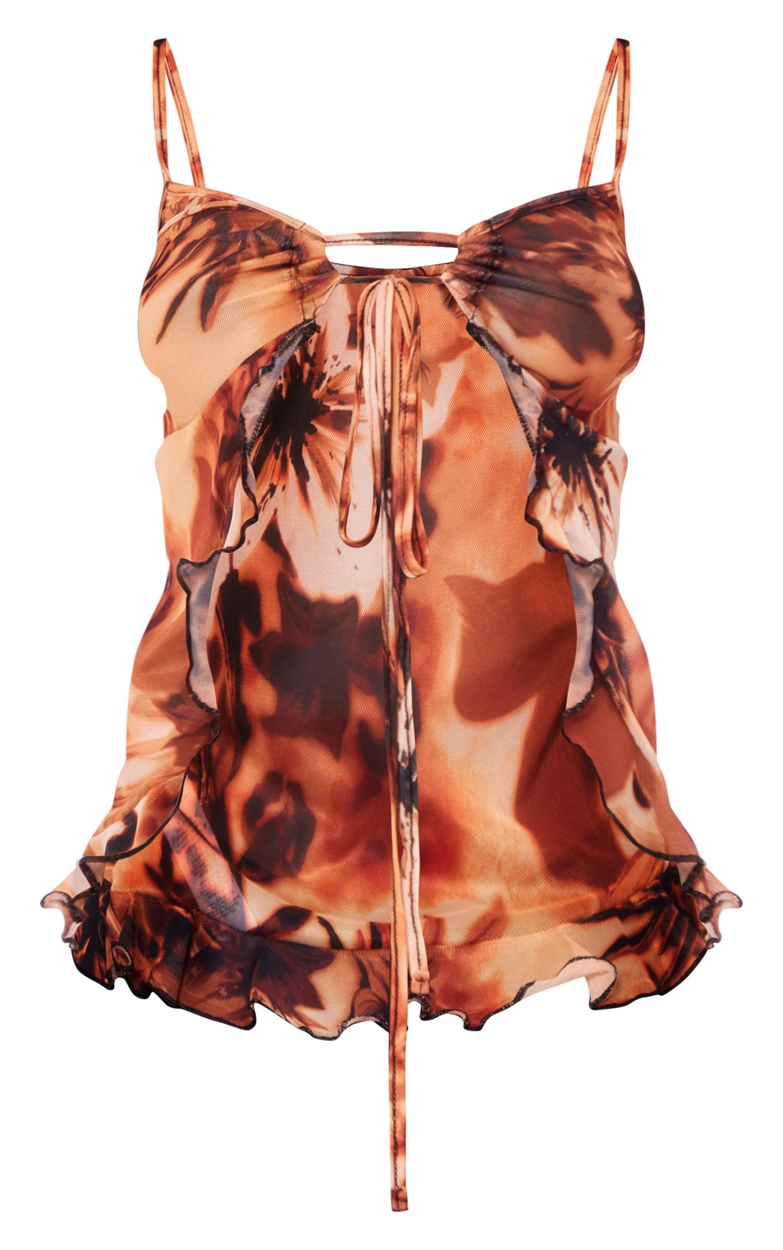 Orange Printed Ruched Front Split Hem Crop Top Product Image