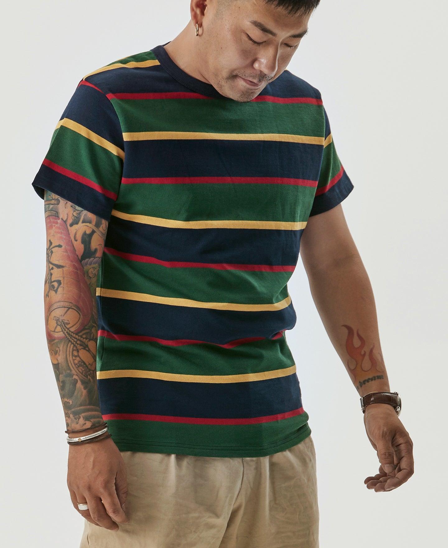 9.8 oz IVY Style Striped T-Shirt - Navy/Green Product Image