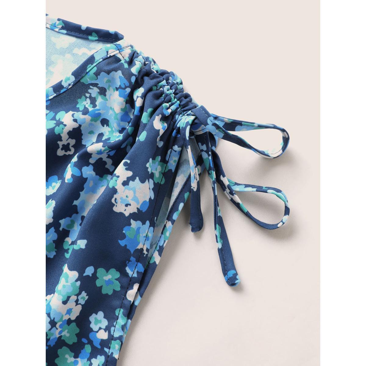 Plus Size Ditsy Floral Drawstring Lace Patchwork Tank Top Women Blue Elegant Cross straps Round Neck Everyday Tank Tops Camis BloomChic 12/L Product Image