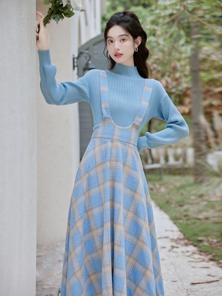 Set: Mock Neck Plain Ribbed Sweater + Plaid Midi A-Line Suspender Skirt Product Image