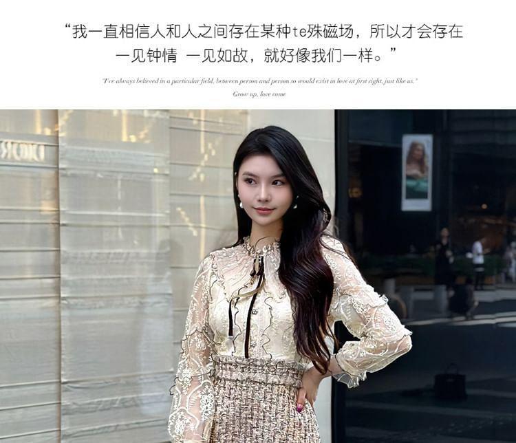 Long-Sleeve Tweed Mini A-Line Dress Product Image