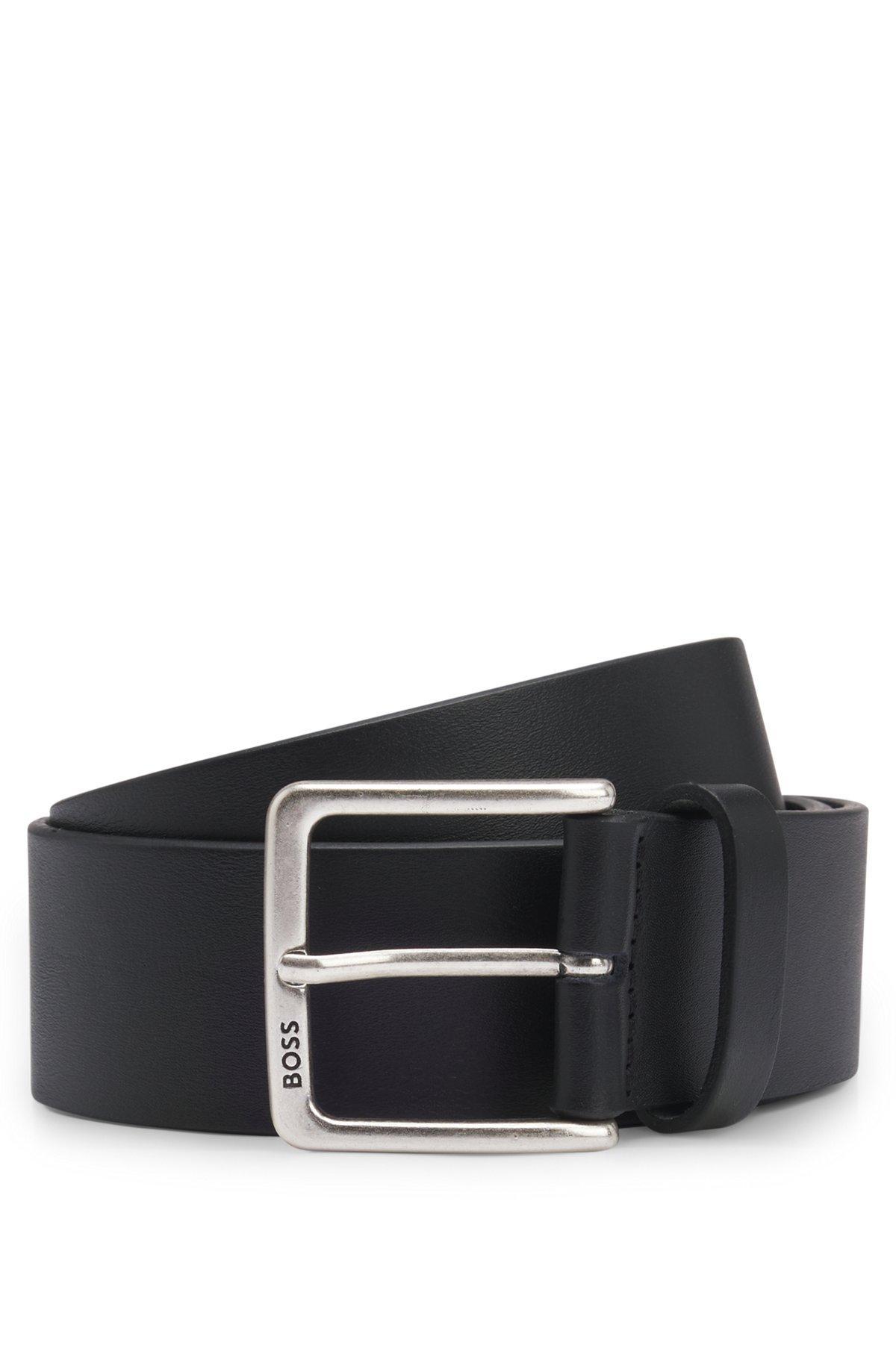 Italian-leather belt with polished branded buckle Product Image