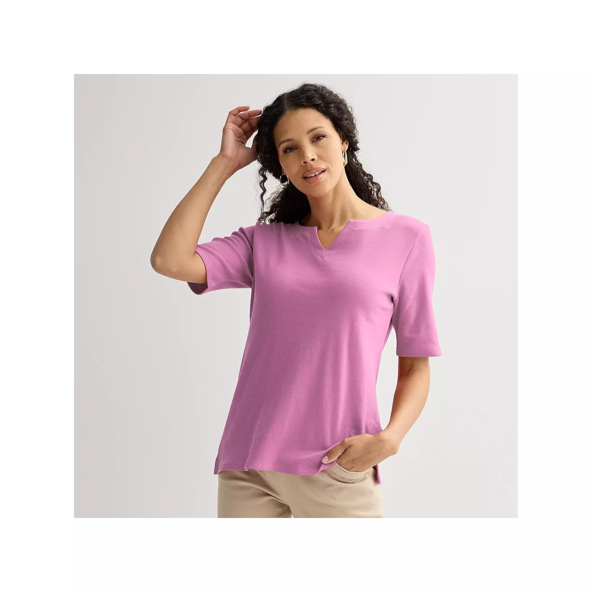 Petite Croft & Barrow® Elbow Sleeve Splitneck Top, Women's, Size: Medium Petite, Xander Purple Product Image