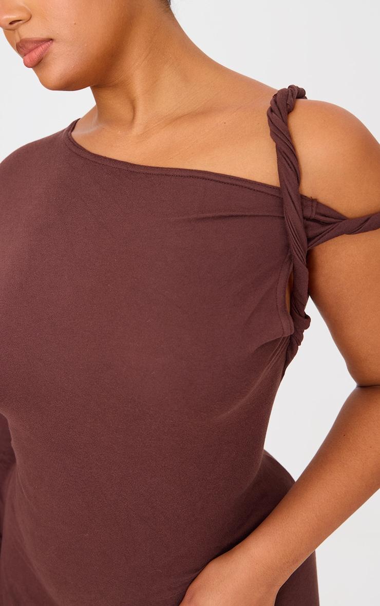 Plus Chocolate Asymmetric Twist Shoulder Soft Touch Midi Dress Product Image