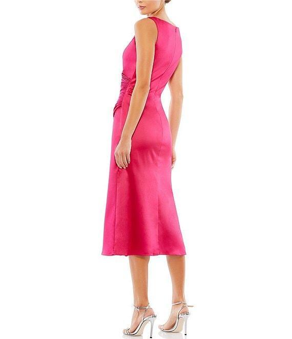 Mac Duggal Satin Surplice V-Neck Sleeveless Thigh High Slit Ruched Faux Wrap Midi Dress Product Image