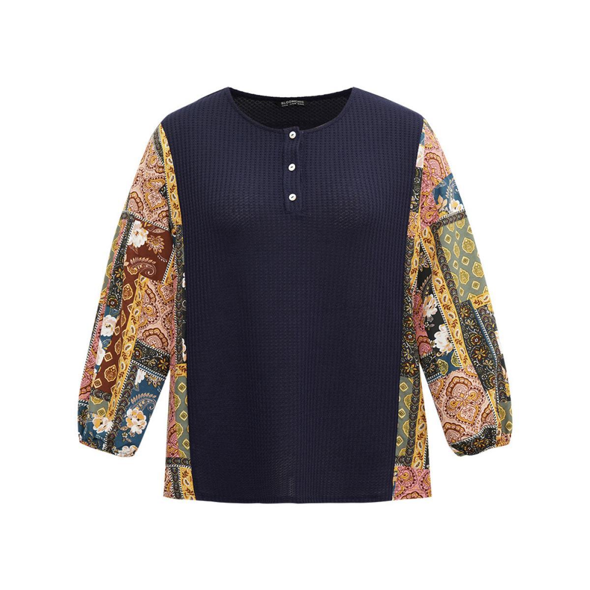 Plus Size Boho Print Button Up Patchwork Lantern Sleeve Sweatshirt DarkBlue Women Casual Elastic cuffs Bohemian Print Open Front Dailywear T-shirts BloomChic 12/L Product Image