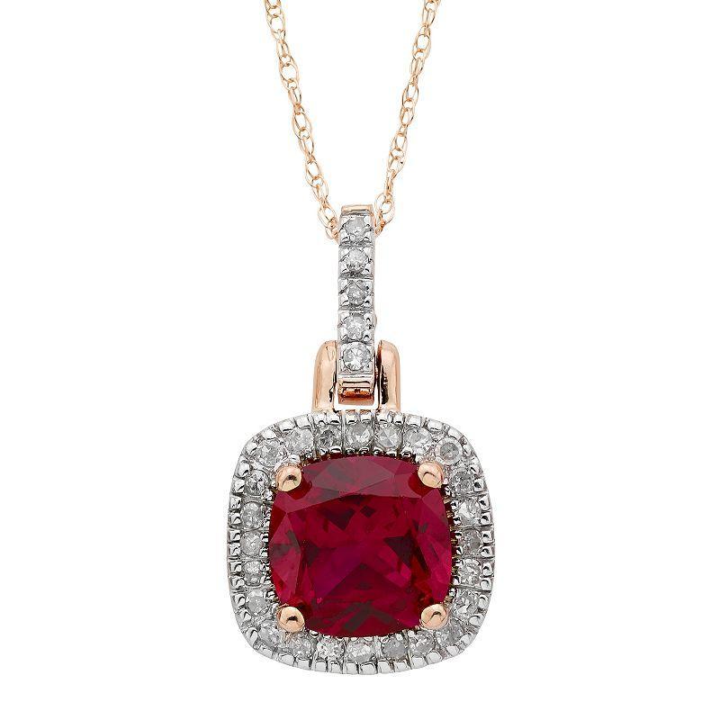 10k Gold Lab-Created Ruby & 1/8 Carat T.W. Diamond Halo Pendant Necklace, Womens Yellow Product Image