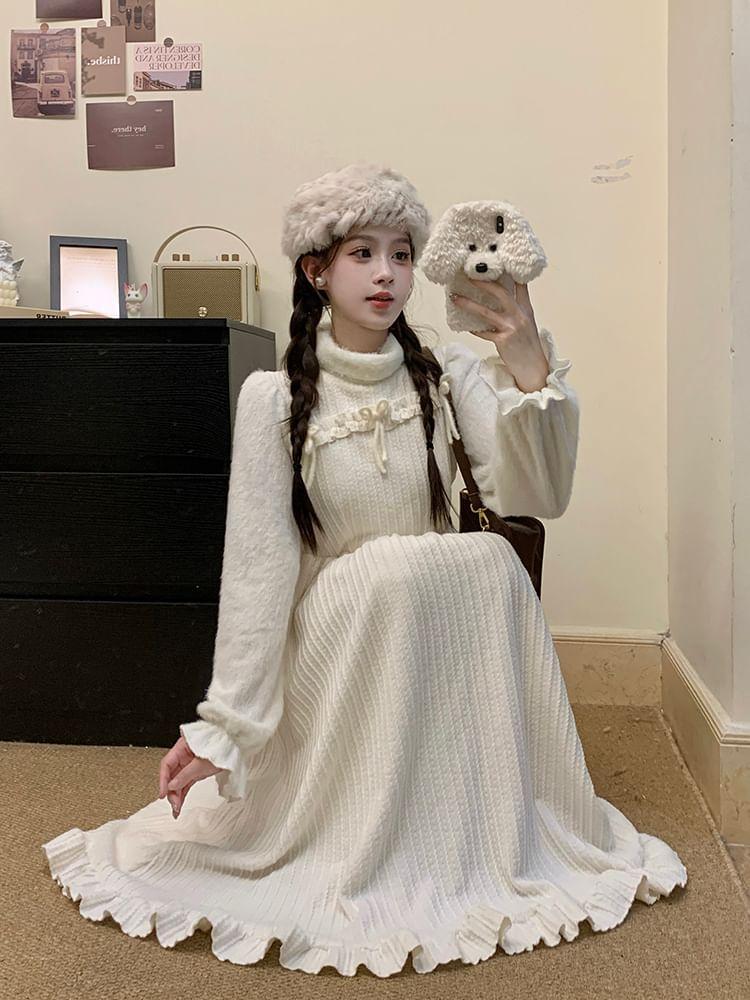 Long-Sleeve Mock Neck Bow Ruffle Trim Knit Panel Midi A-Line Dress Product Image