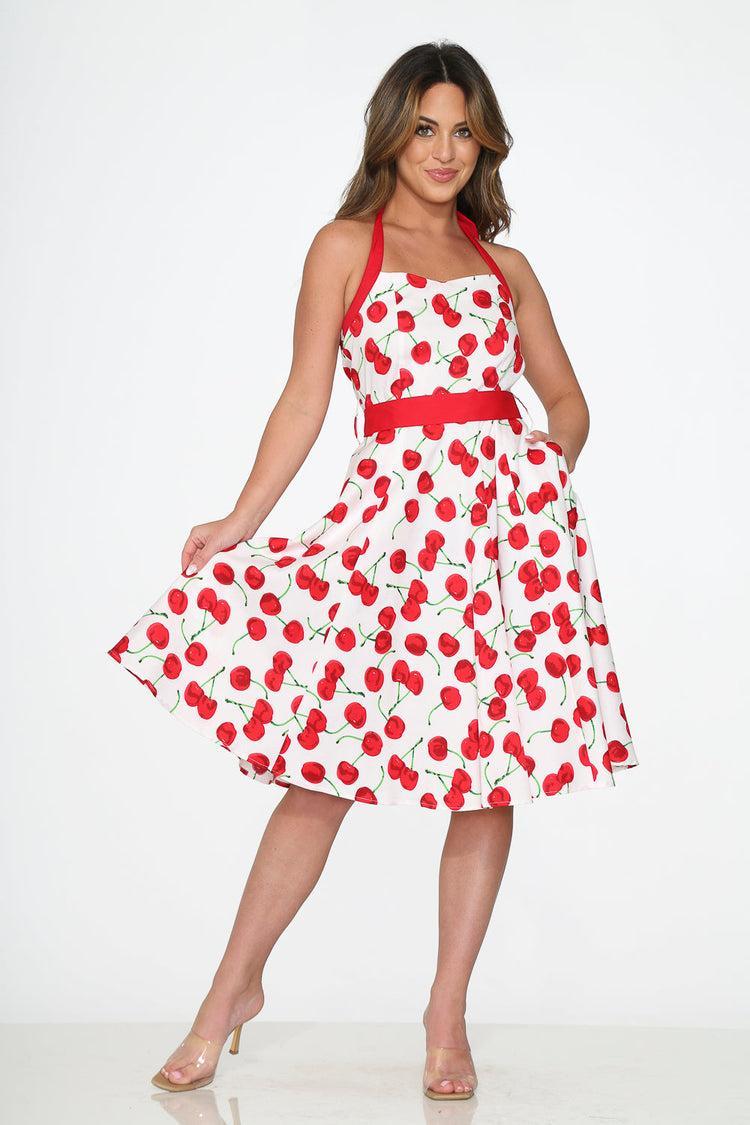 White Red Cherry Halter Swing Dress Product Image