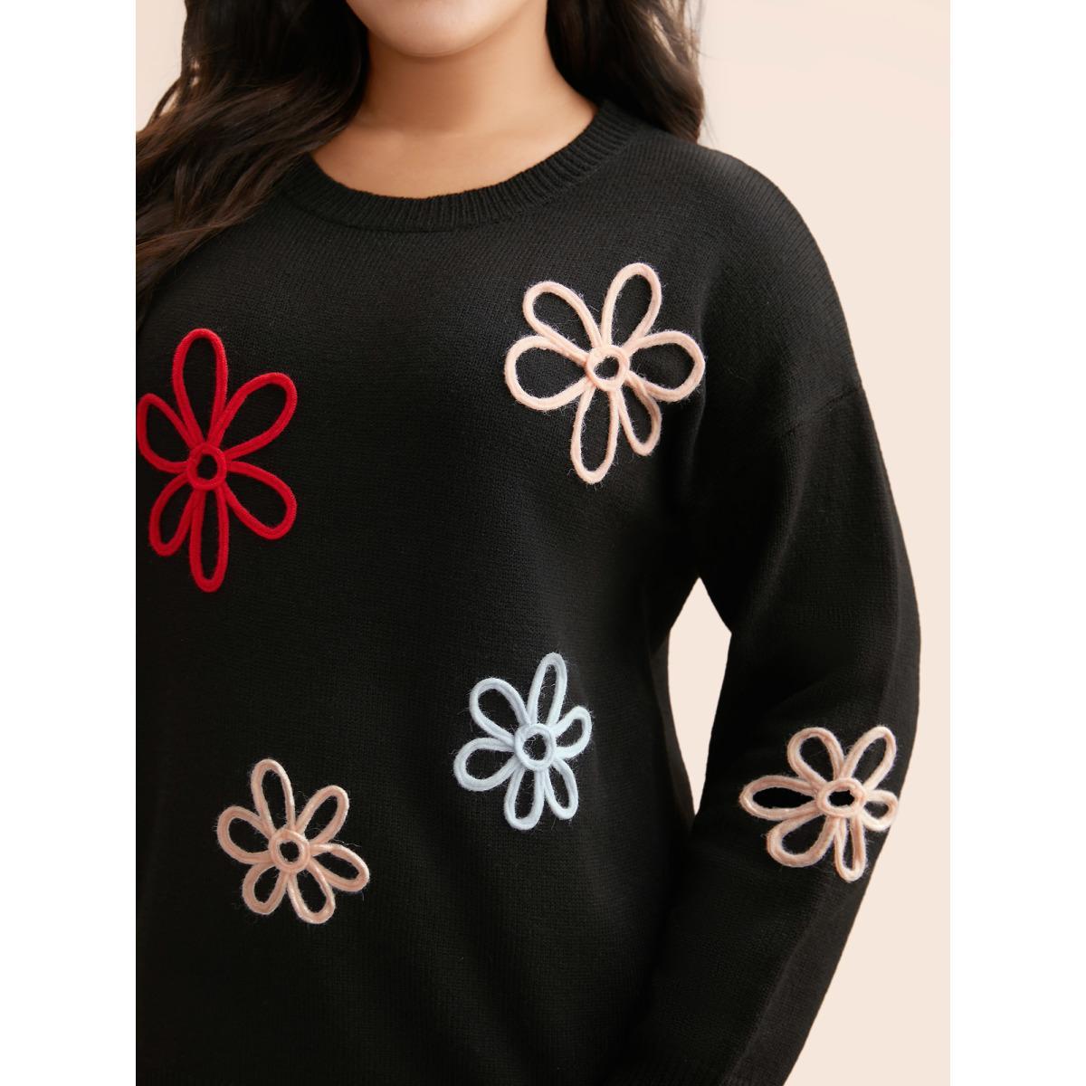 Plus Size Crochet Floral Crew Neck Pullover Black Women Casual Loose Long Sleeve Round Neck Everyday Pullovers BloomChic 30/6X Product Image