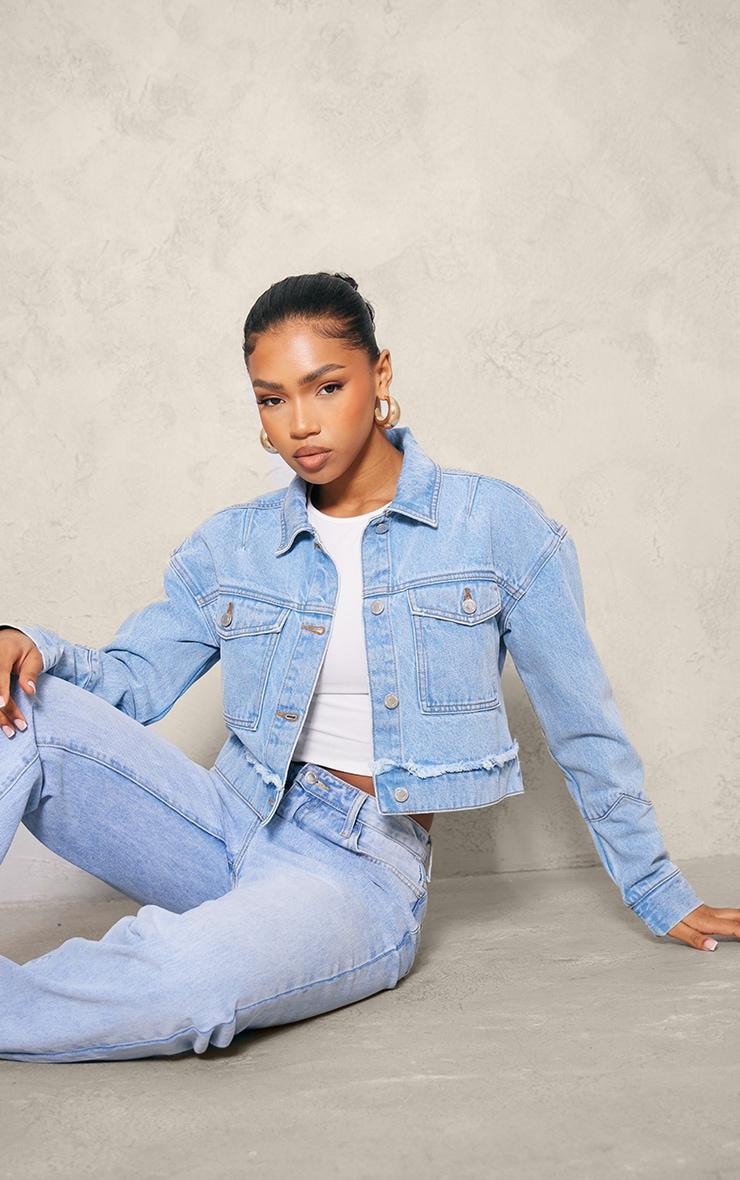 Light Blue Wash Distressed Flower Detail Denim Jacket Product Image