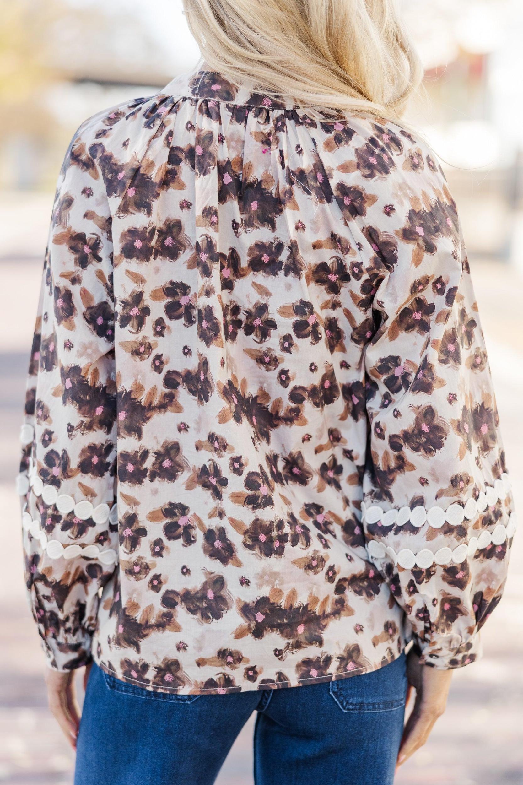 Just Dreaming Taupe Brown Floral Blouse Female Product Image