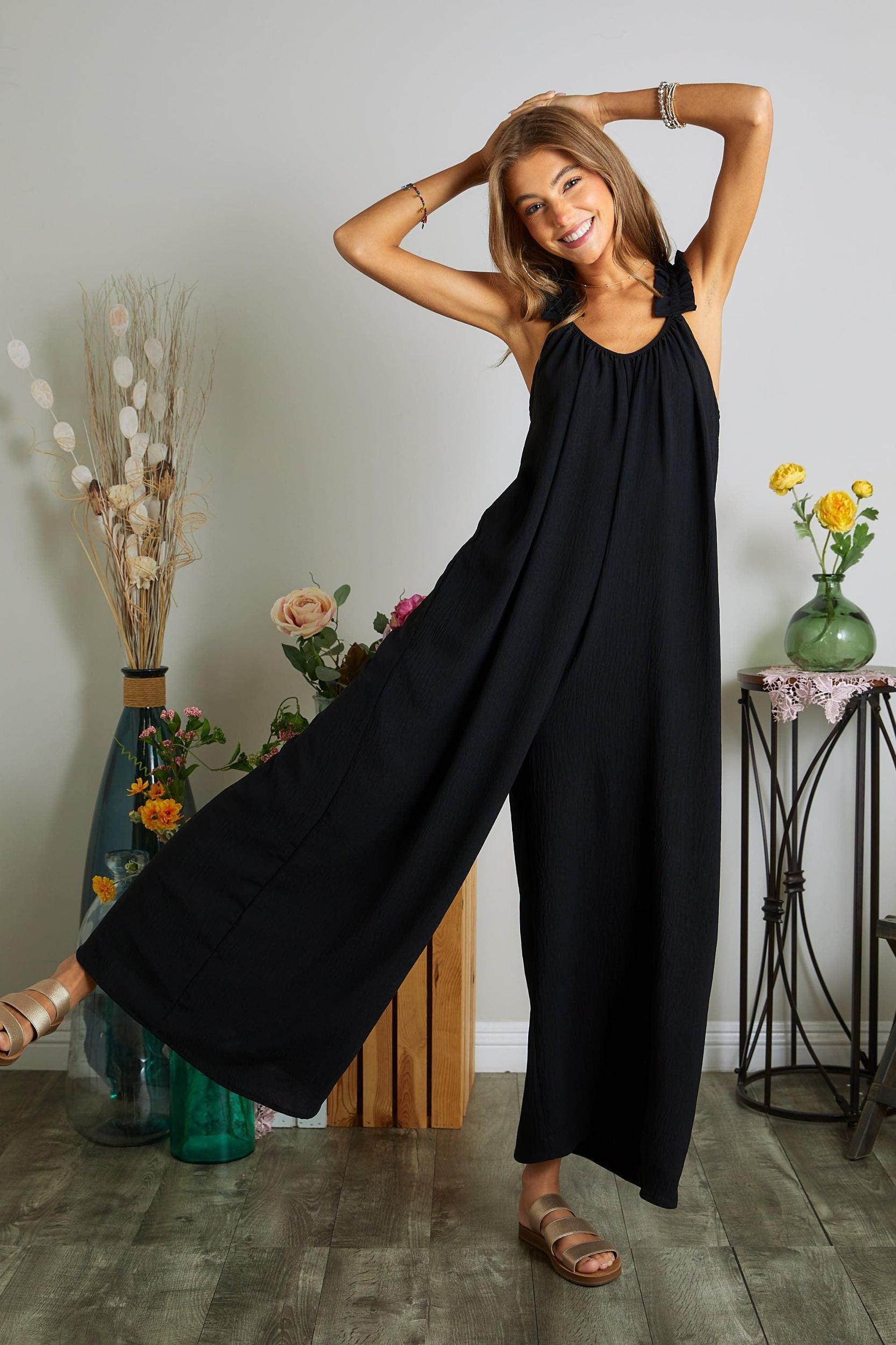 ELASTIC RUFFLE SHOULDER JUMPSUIT Product Image