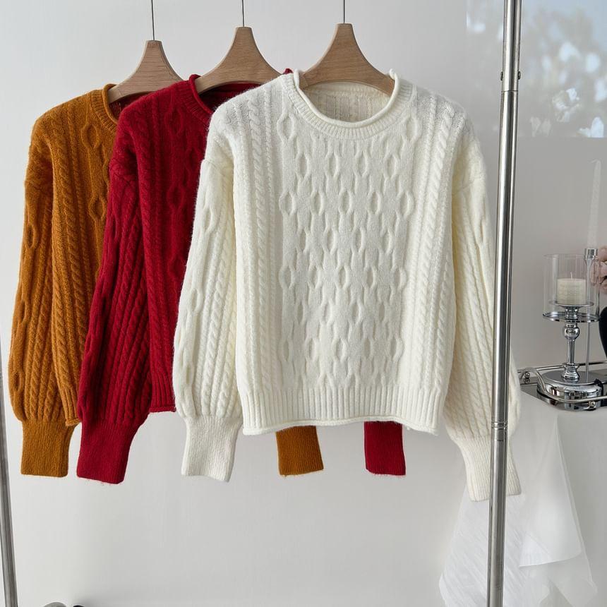 Crew Neck Plain Cable Knit Sweater Product Image