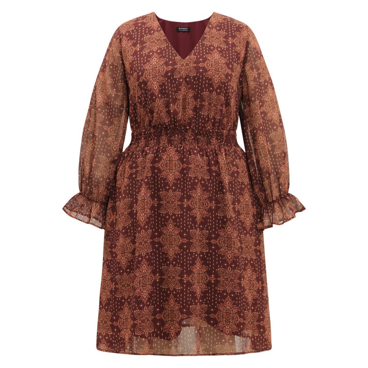 Plus Size Bandana Print Elastic Waist Flutter Trim Dress Scarlet Women Vacation Elastic cuffs V-neck Long Sleeve Curvy Midi Dress BloomChic 22-24/3X Product Image