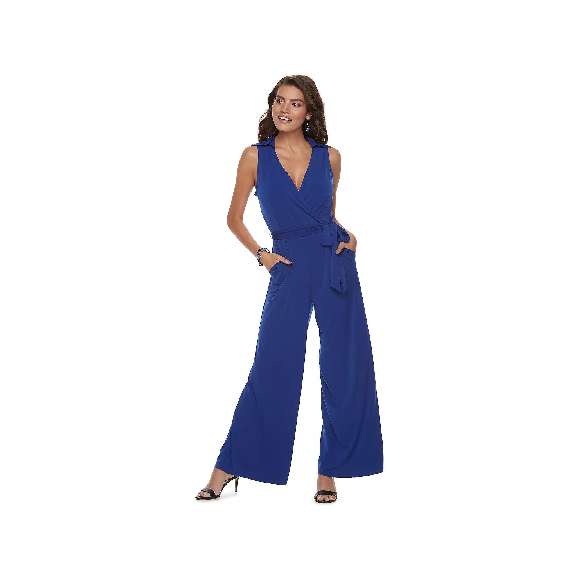 Women's Nina Leonard Collared Sleeveless Surplice Wide-Leg Jumpsuit, Size: Small, Blue Product Image