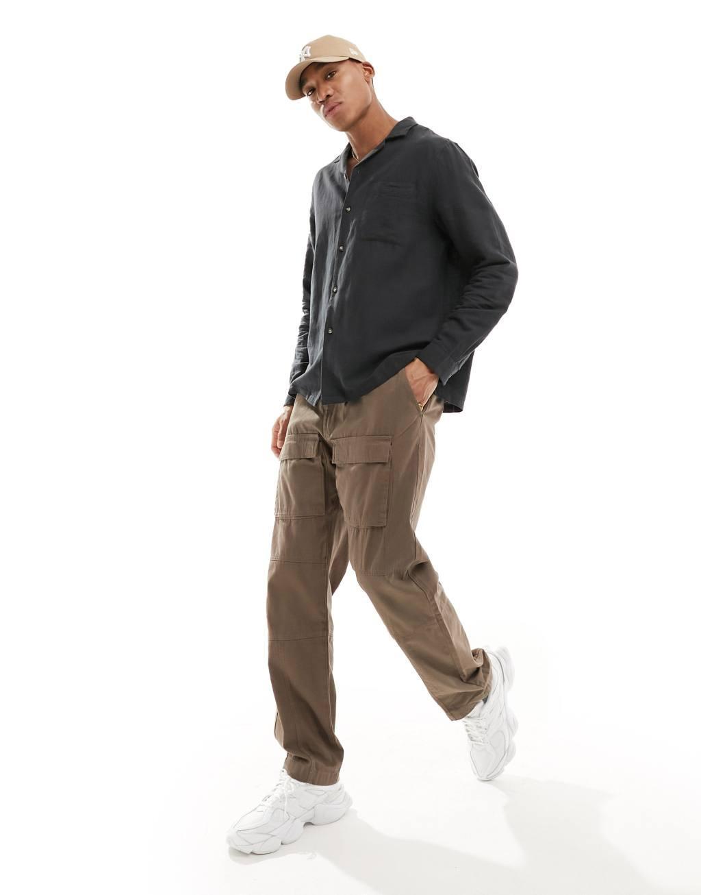 ASOS DESIGN relaxed camp collar shirt in linen mix with patched pocket in black Product Image