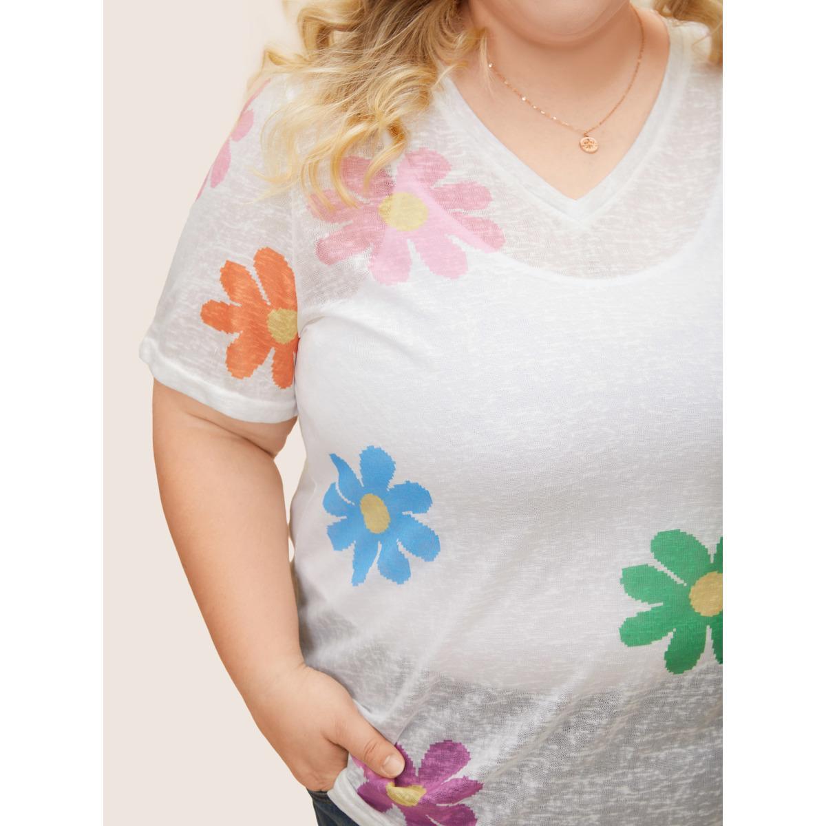 Plus Size Colored Floral V Neck See Through T-Shirt WhiteSmoke Women Casual See through Art&design V-neck Everyday T-shirts BloomChic 10/M Product Image