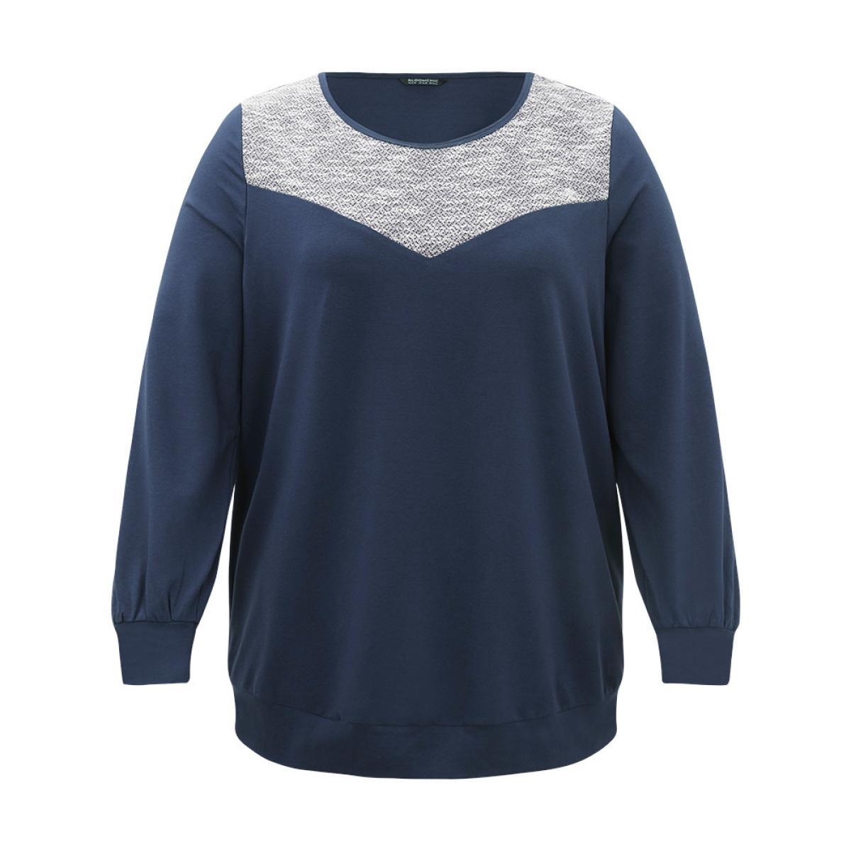 Plus Size Two Tone Patchwork Crew Neck Sweatshirt Women Indigo Casual Elastic cuffs Round Neck Dailywear Sweatshirts BloomChic 12/L Product Image
