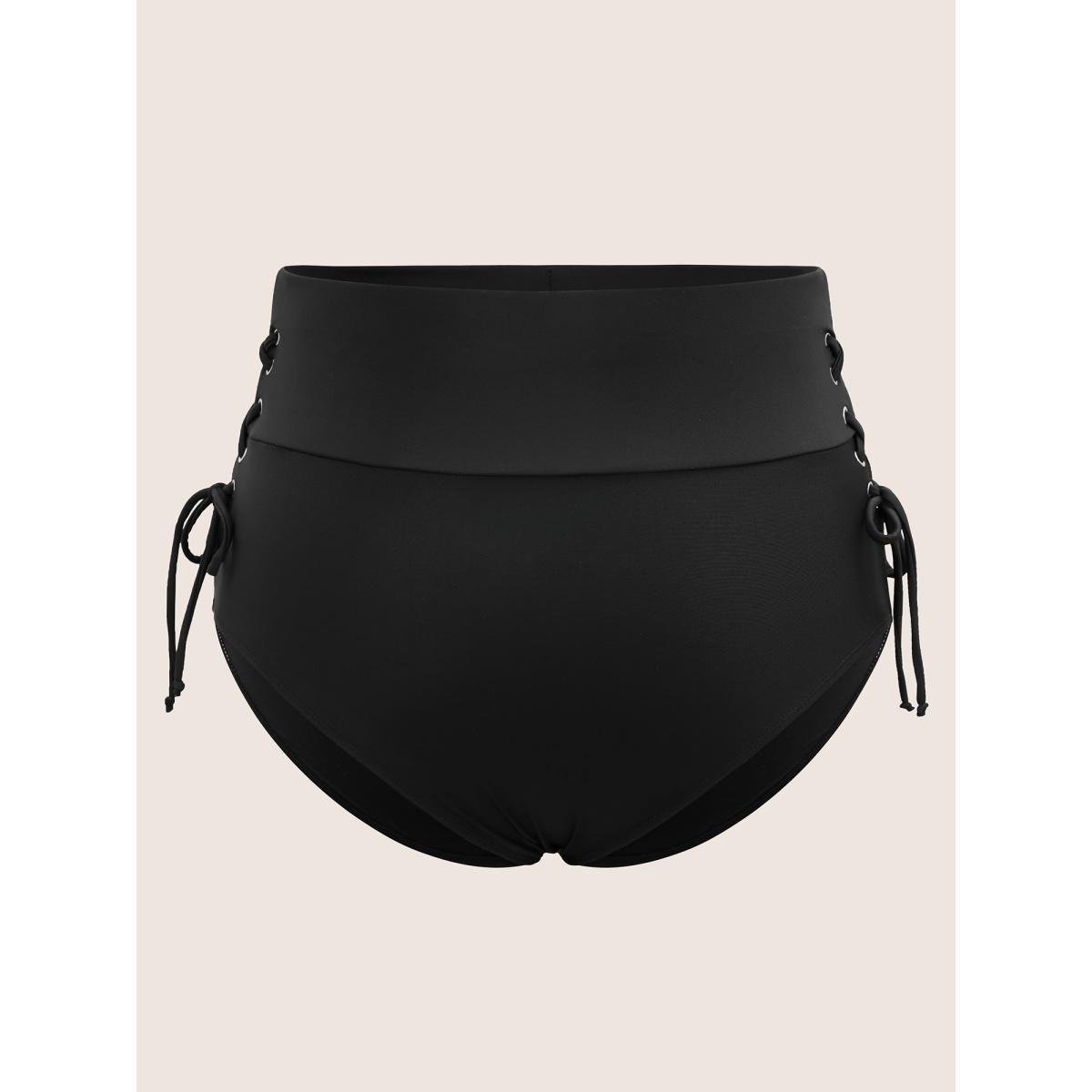 Plus Size Plain Lace Up Side Skinny Swim Bottom Women's Swimwear Black Beach Non High stretch Skinny High Rise Curve Swim Bottoms BloomChic 26/4X Product Image