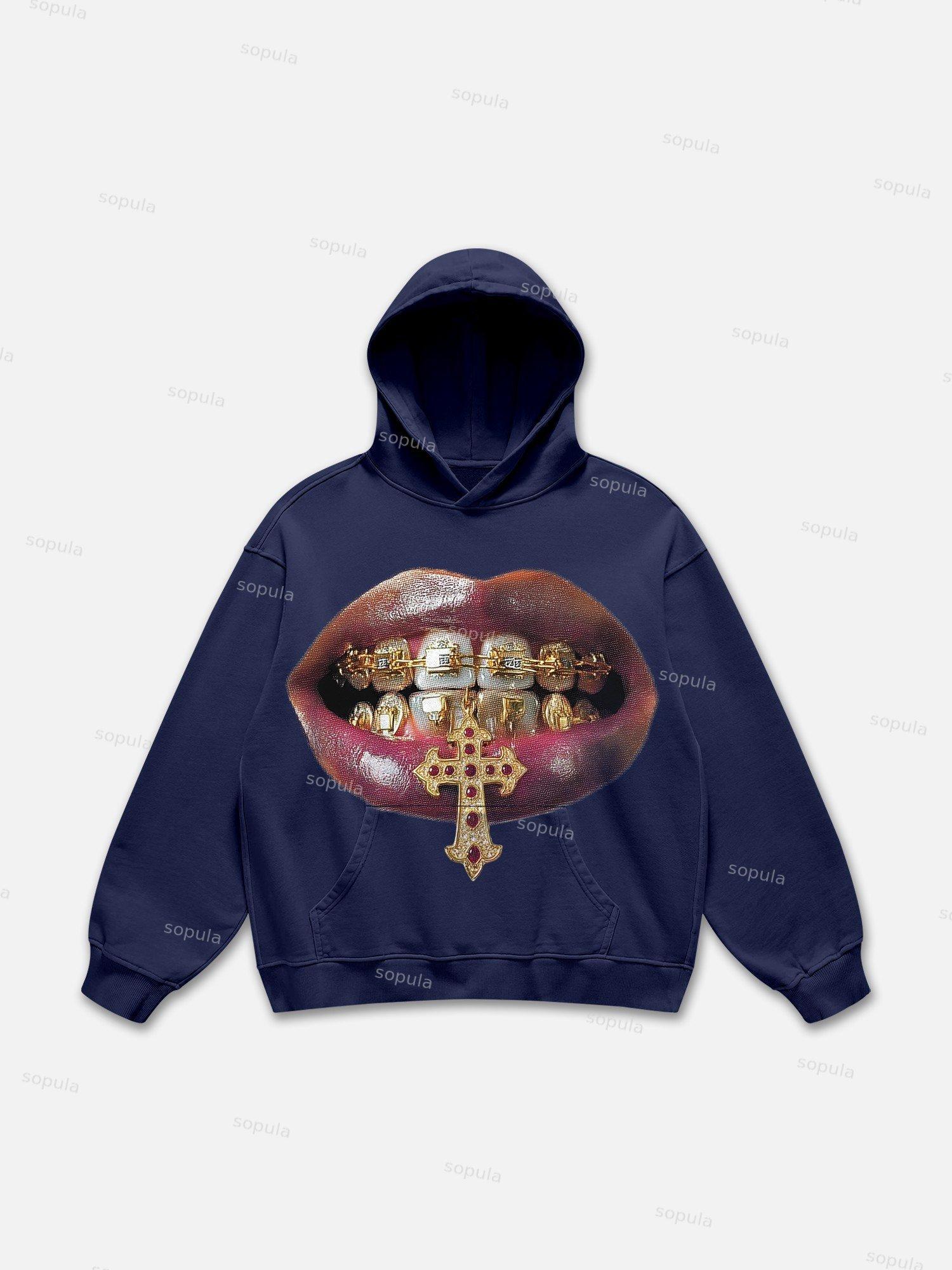 High-quality Golden Cross Gem Patch Grills Print Hoodie Product Image