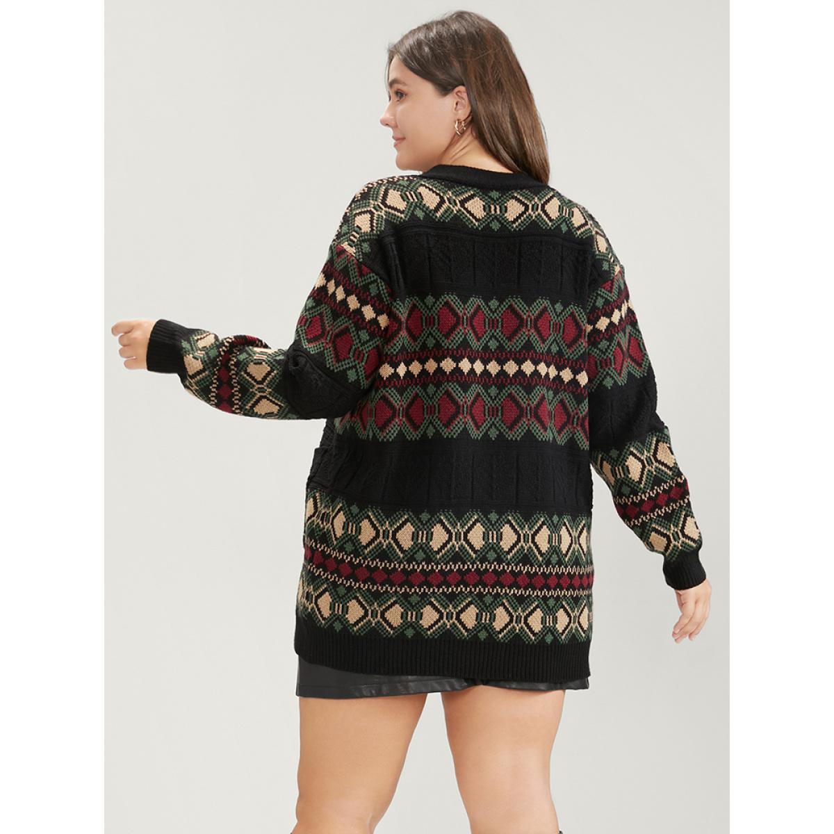 Plus Size Geometric Contrast Pointelle Knit Pocket Jacquard Button Front Cardigan Multicolor Women Casual Loose Long Sleeve Dailywear Cardigans BloomChic 10/M Product Image