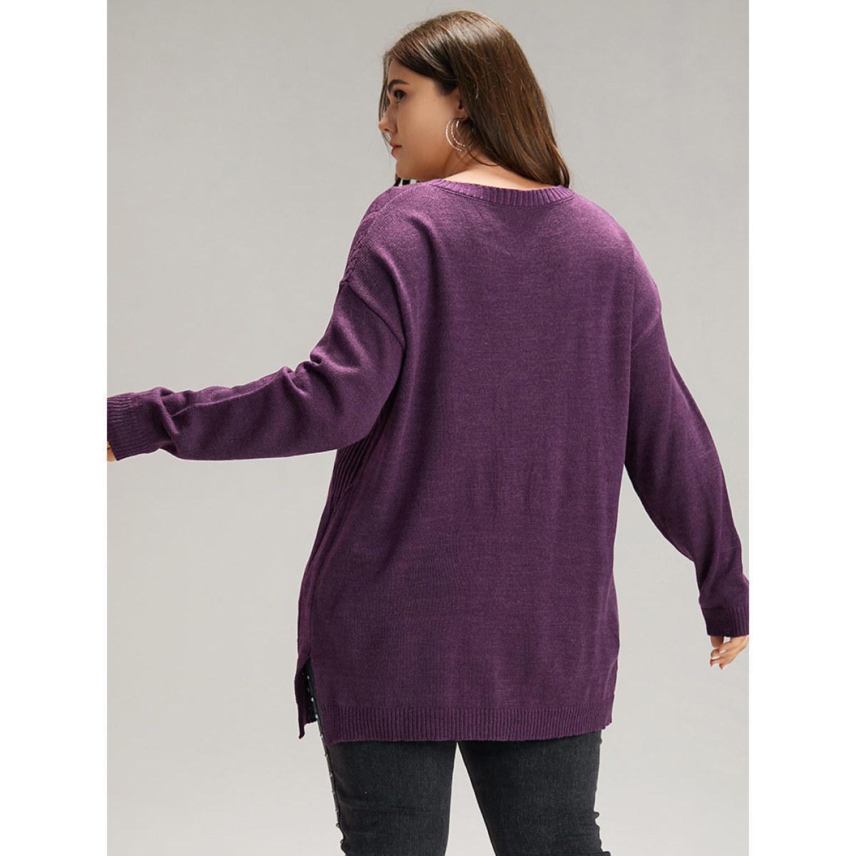 Plus Size Geometric V Neck Split Hem Pullover Purple Women Casual Long Sleeve V-neck Dailywear Pullovers BloomChic 10/M Product Image