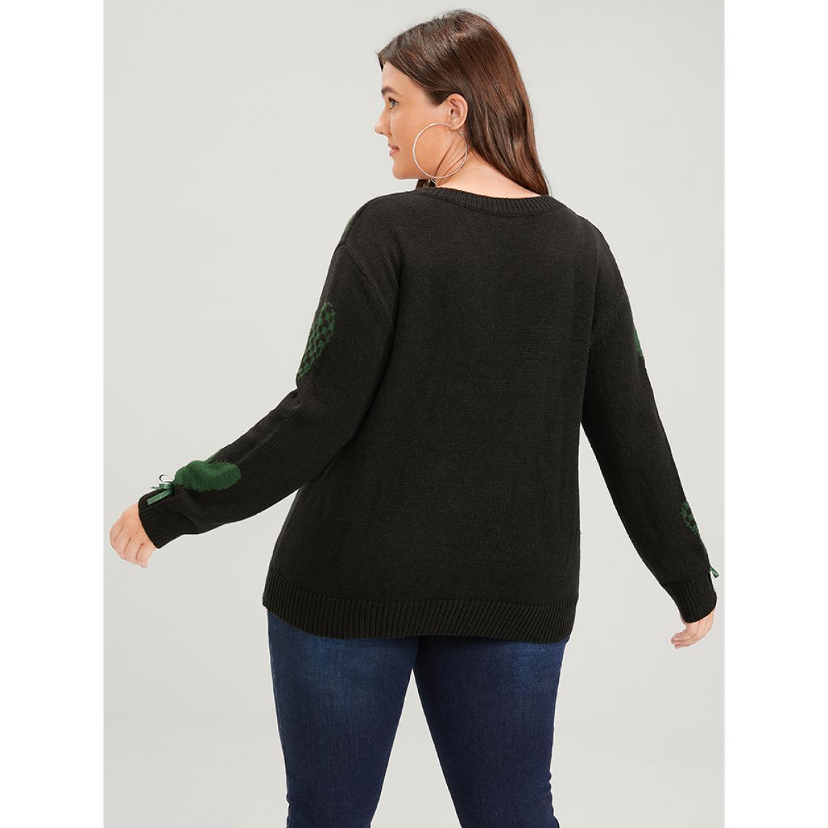 Plus Size Heart Print Contrast Pointelle Knit Bowknot Beaded Knit Top Black Women Elegant Long Sleeve Round Neck Dailywear Pullovers BloomChic 28/5X Product Image
