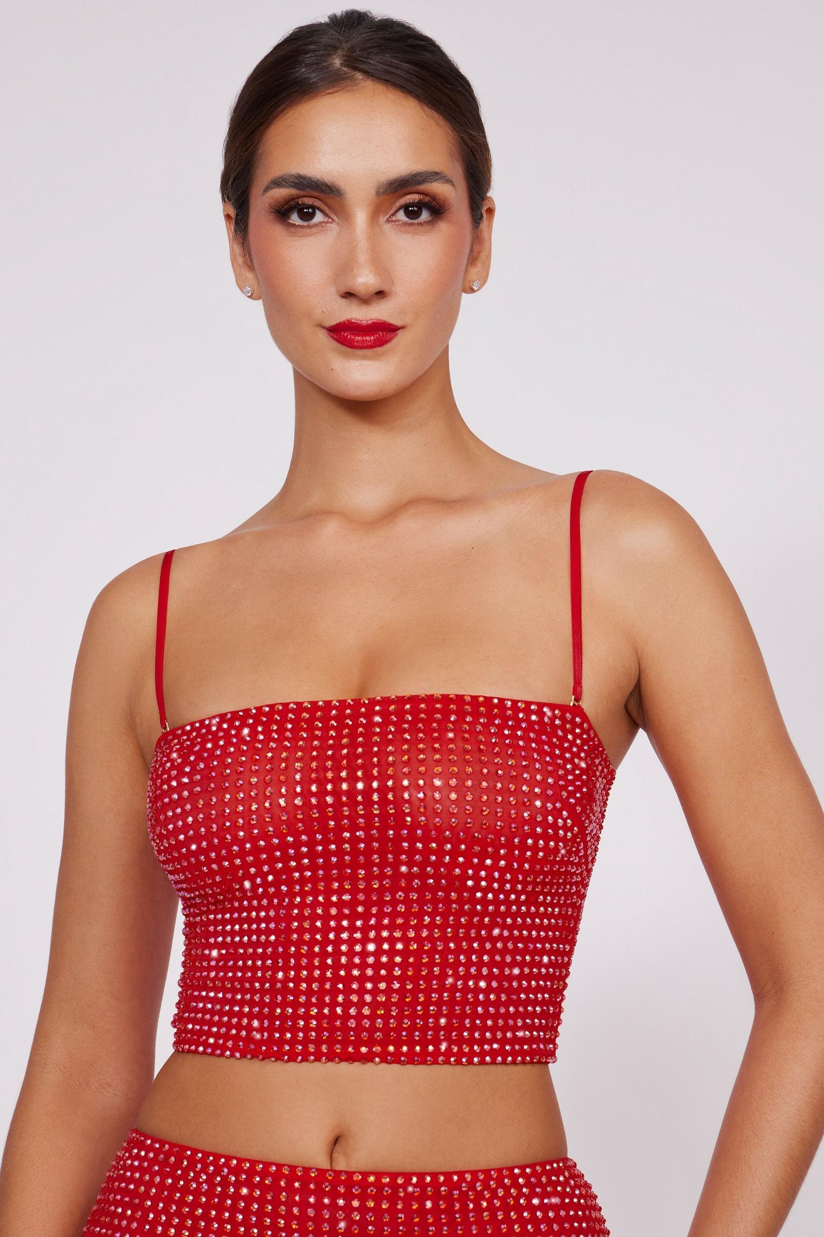 Embellished Strapless Crop Top in Fire Red Product Image