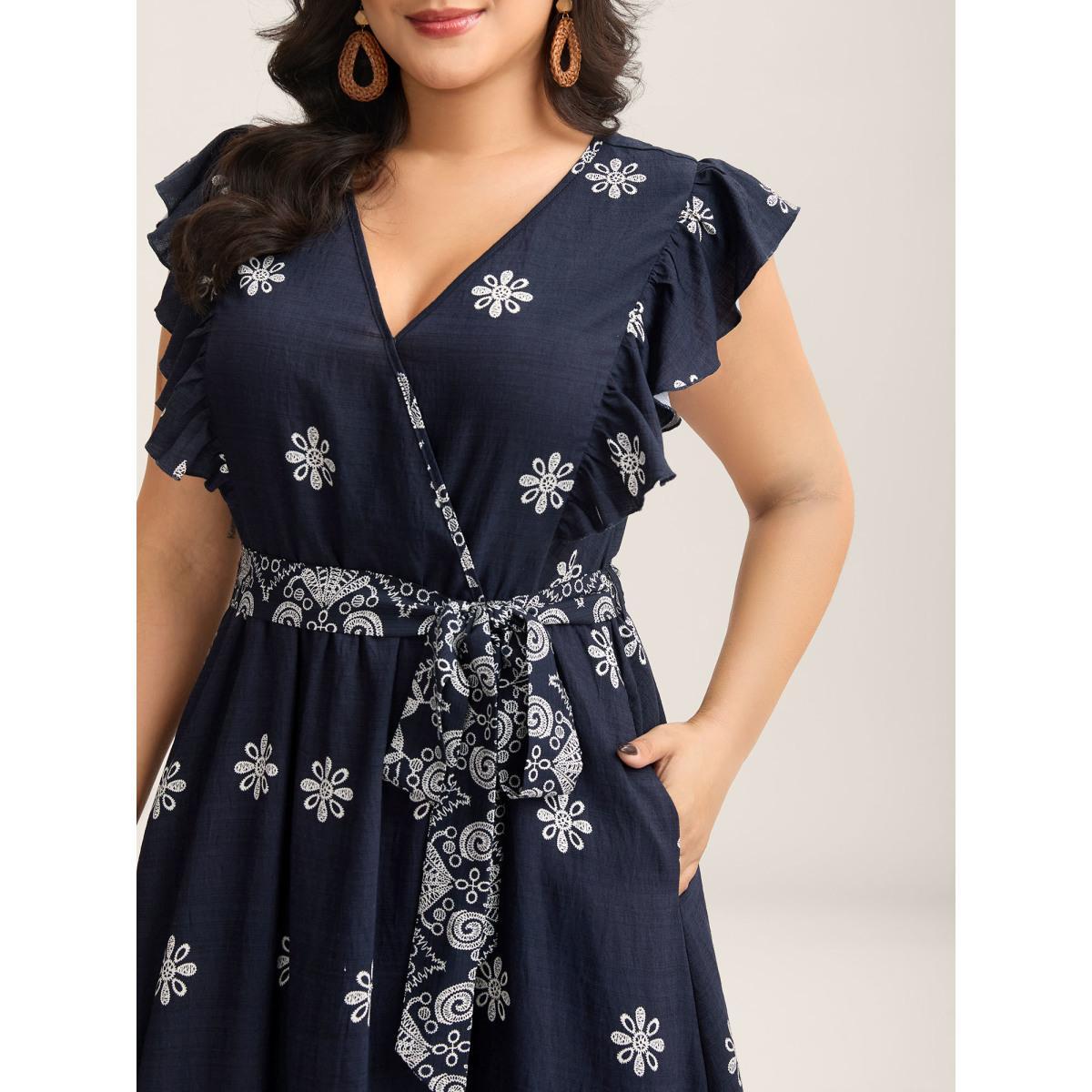 Plus Size Rayon Stretchy Waist Pockets Flutter Midi Dress Indigo Women Overlap Collar Cap Sleeve Curvy BloomChic 28/5X Product Image