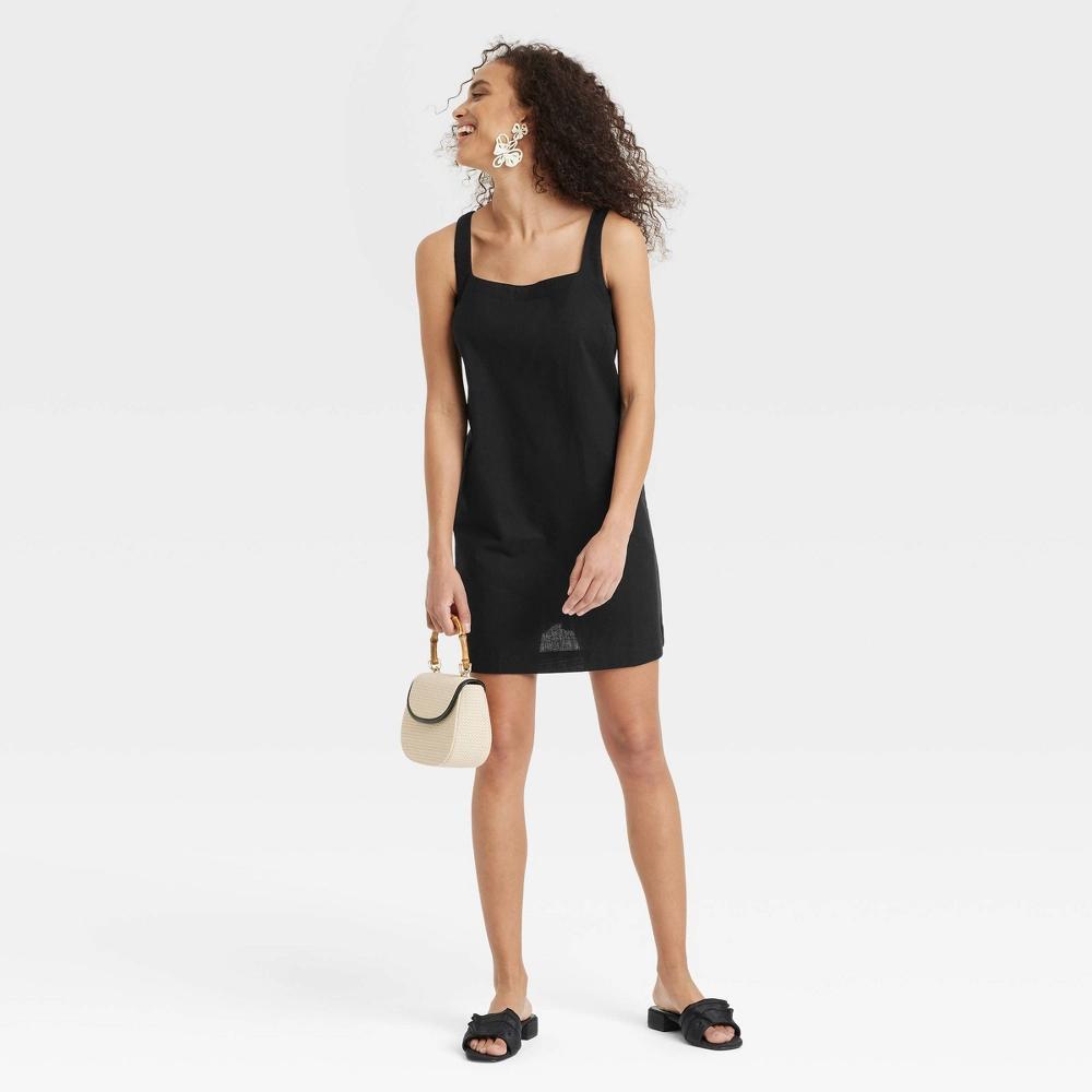 Women's Tank Mini Shift Dress - A New Day™ Black L: Cotton Linen Blend, Squareneck, Sleeveless, Pullover Product Image