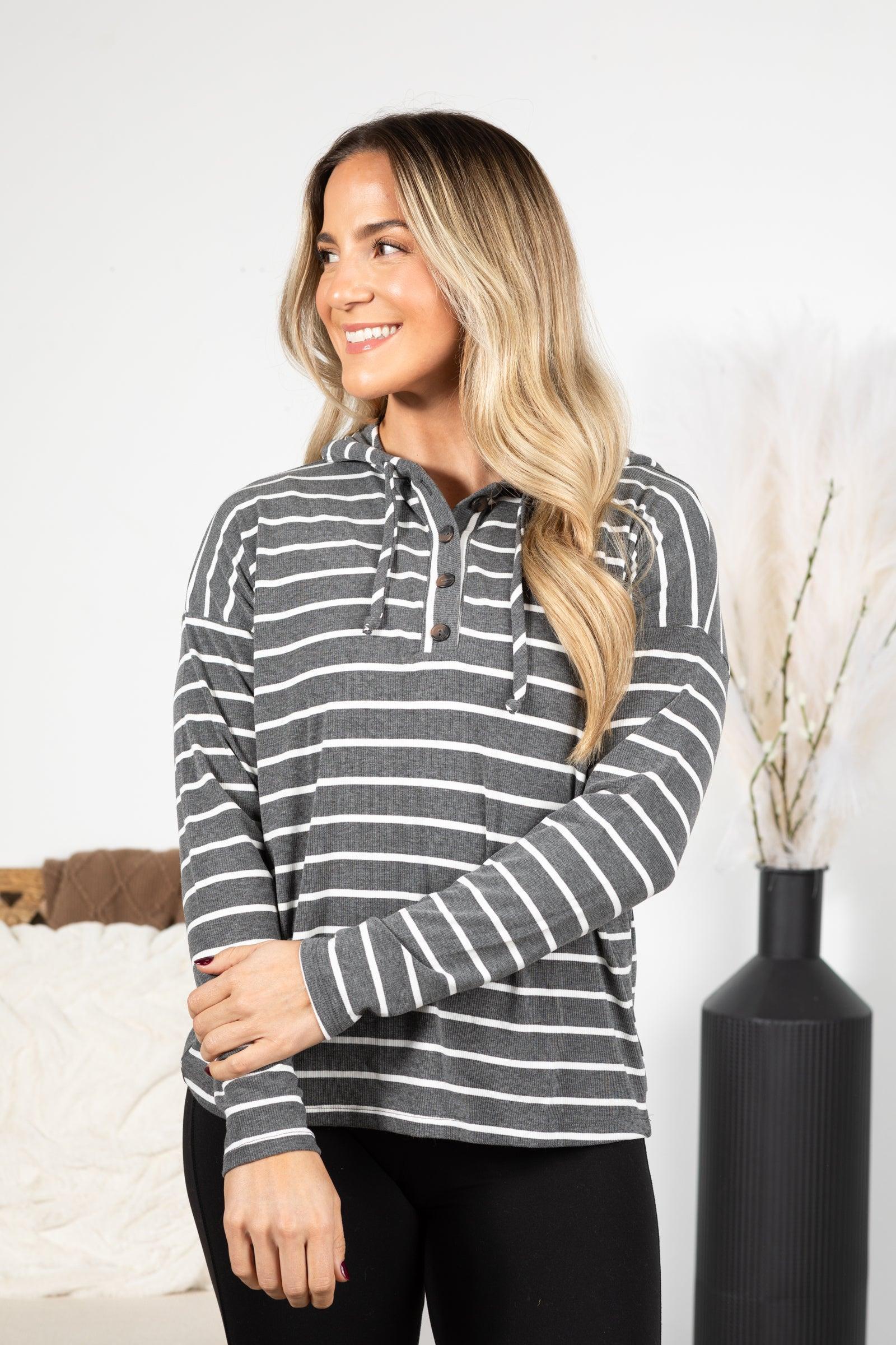 Striped Drawstring Half Button Hoodie Knit Top Product Image