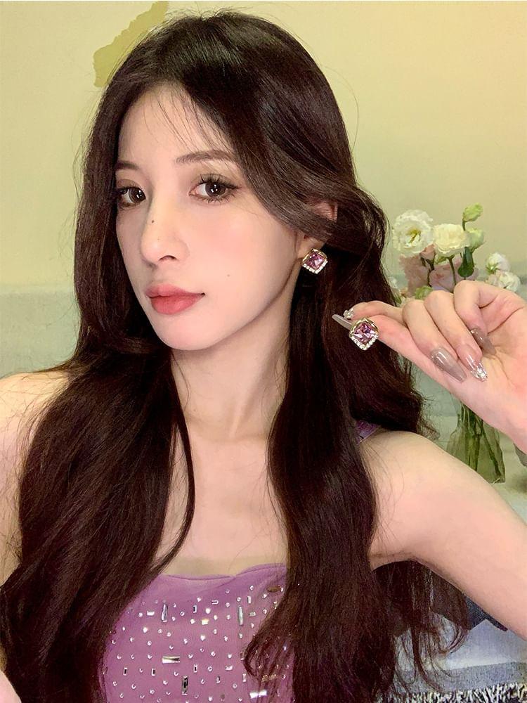 Rhinestone Square Alloy Earring Product Image