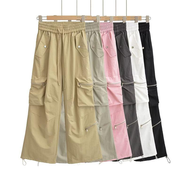 Drawstring Waist Plain Zipped Wide Leg Cargo Pants Product Image