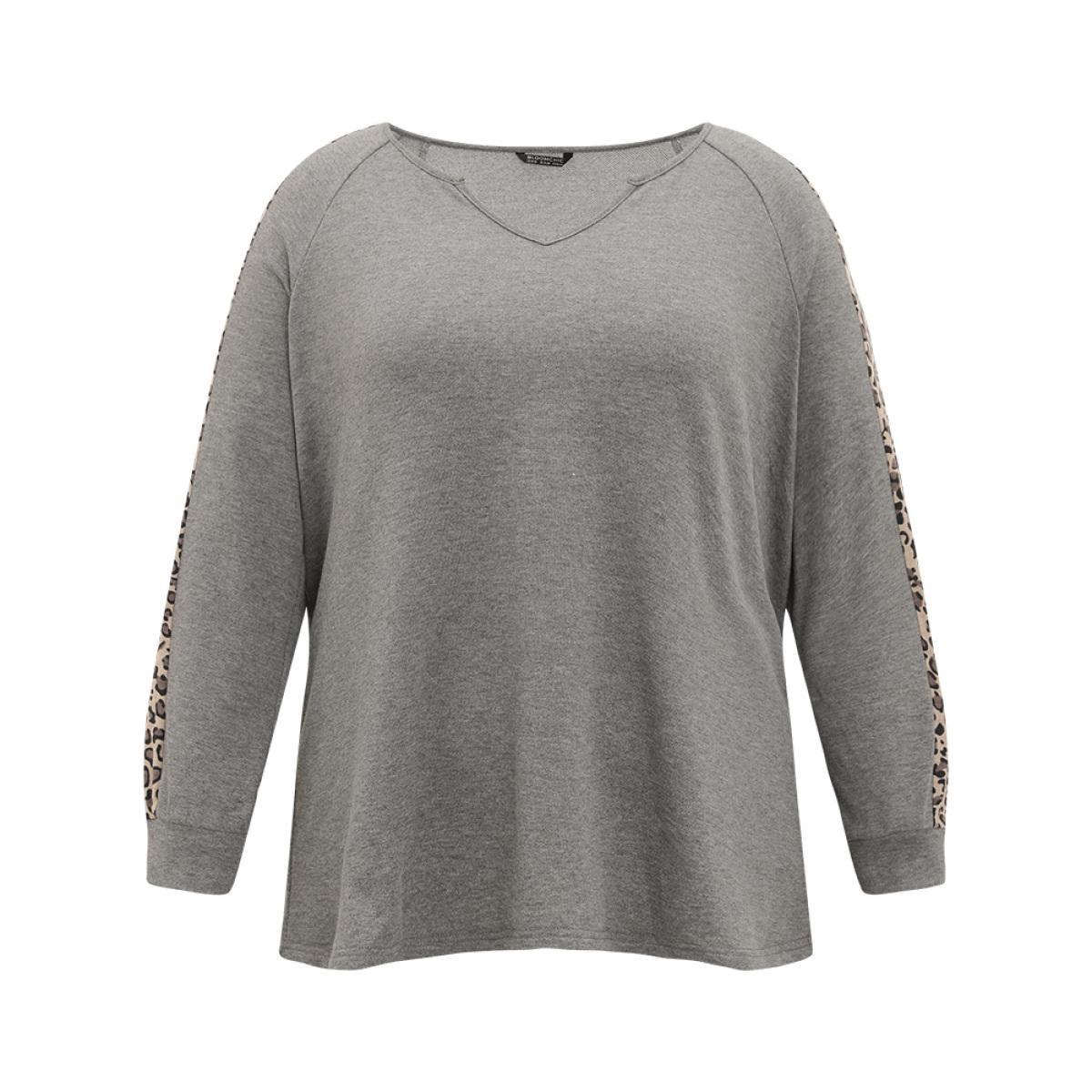 Plus Size Leopard Patchwork Notched Raglan Sleeve Sweatshirt Women Gray Casual Patchwork Notched collar Dailywear Sweatshirts BloomChic 22-24/3X Product Image