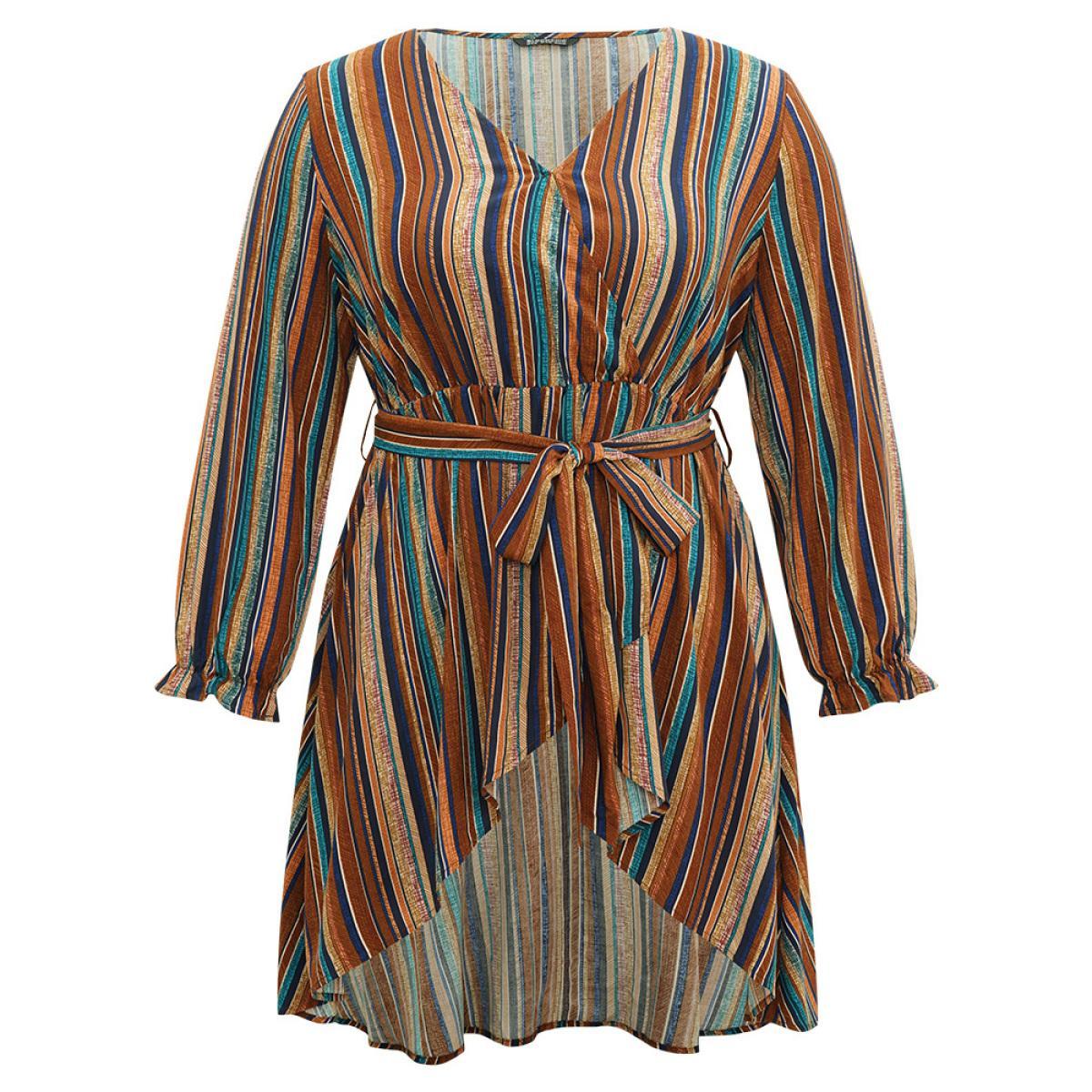 Plus Size Multicolor Striped Overlap Collar Arc Hem Belted Blouse Women Vacation Long Sleeve Overlap Collar Vacation Blouses BloomChic 12/L Product Image