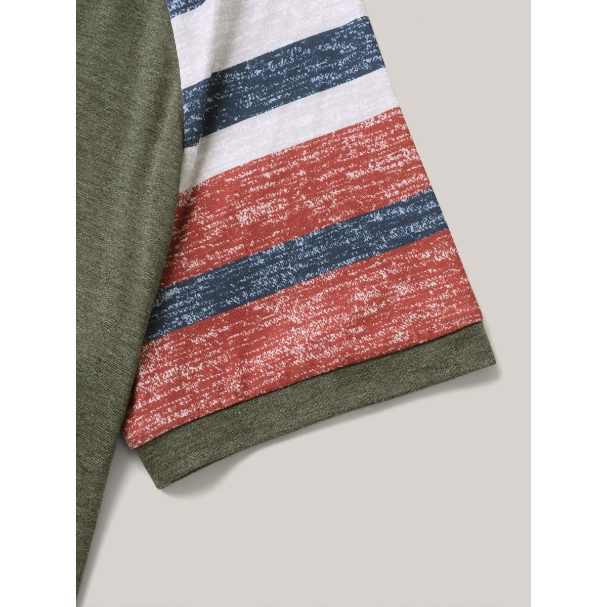 Plus Size Striped Raglan Sleeve Plain T-Shirt ArmyGreen Women Casual Contrast Round Neck Everyday-Casual T-shirts BloomChic 30/6X Product Image