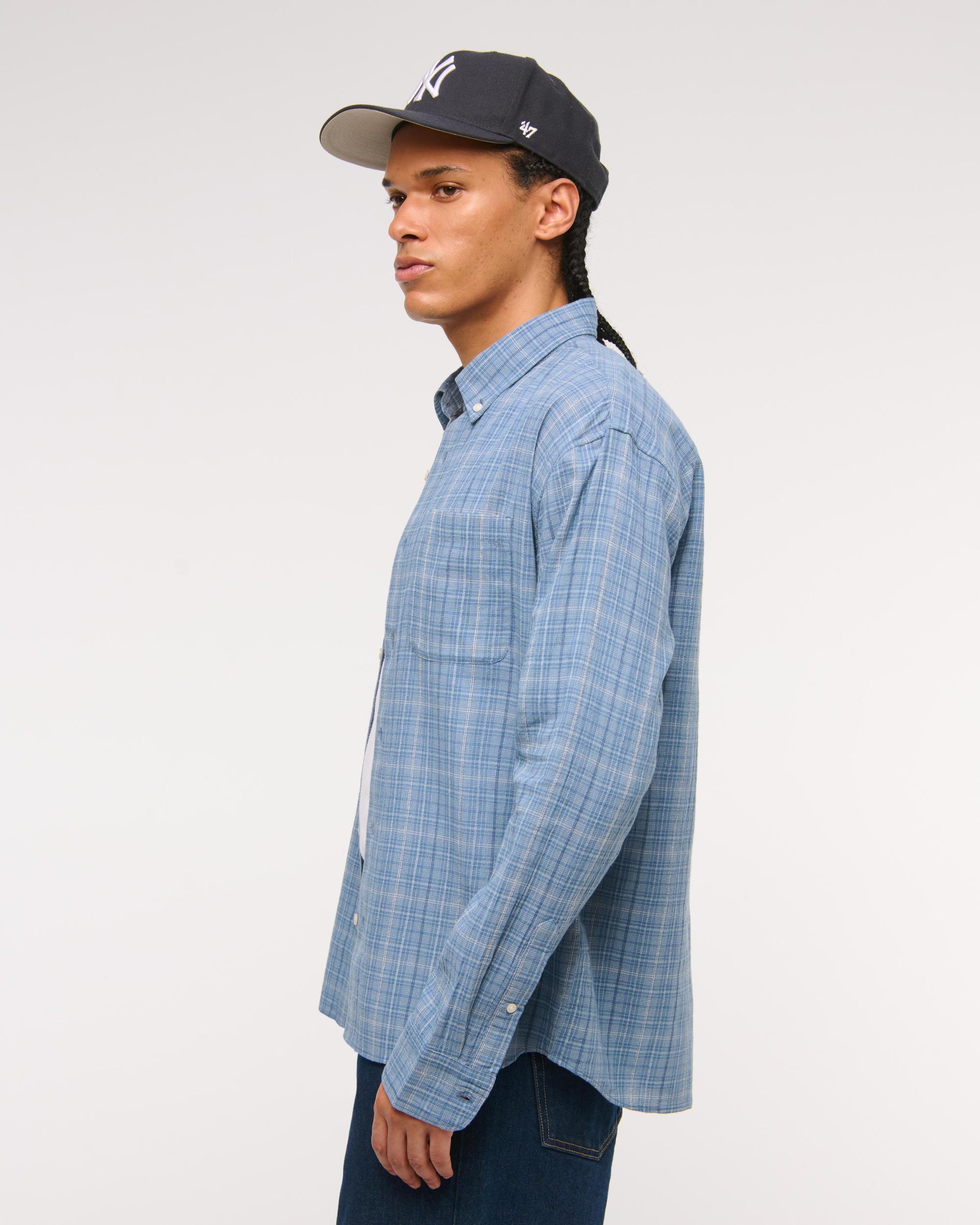 Long-Sleeve Textural Plaid Button-Up Shirt Product Image