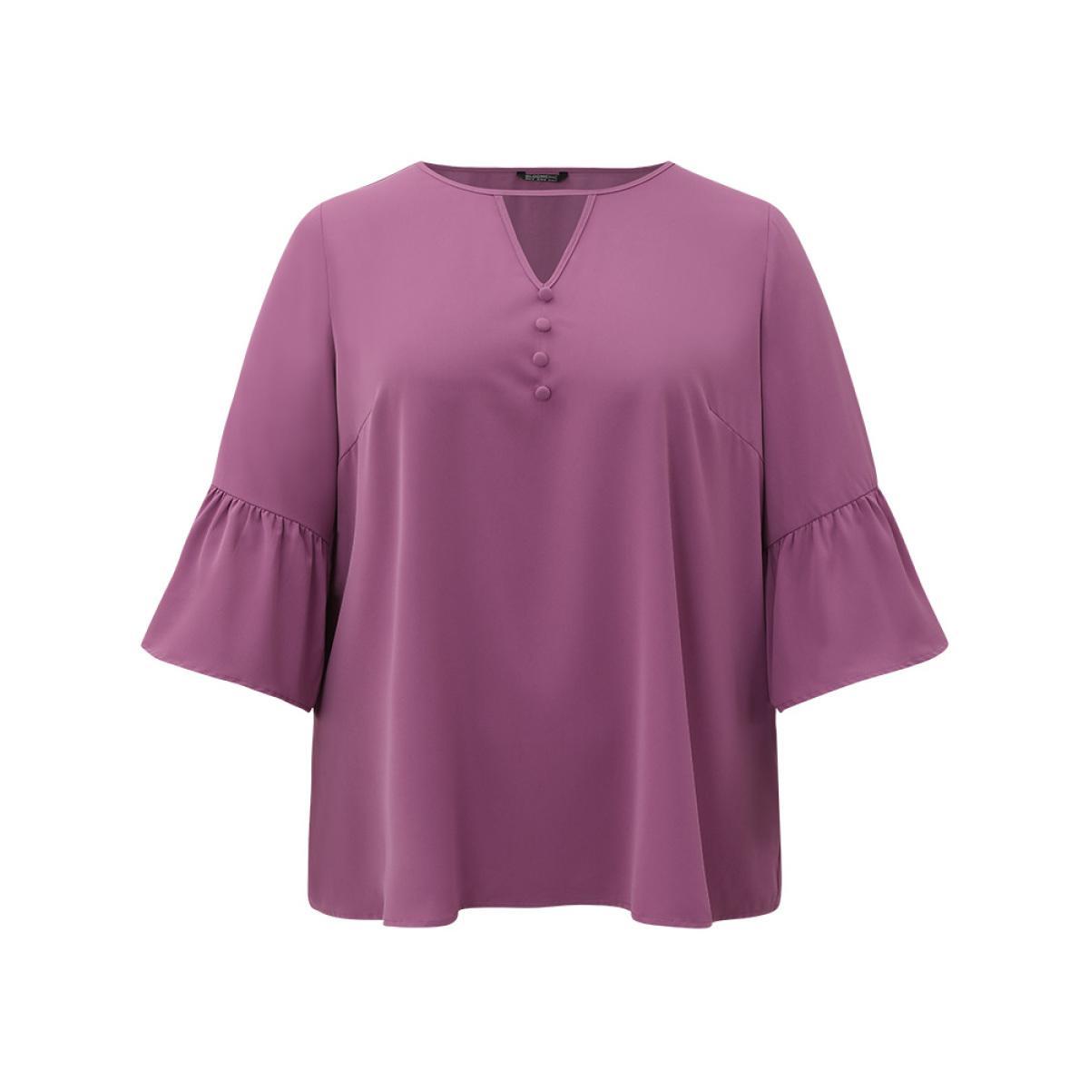 Plus Size Mauve Plain Keyhole Bell Sleeve Button Detail Blouse Women Office Elbow-length sleeve V-neck Work Blouses BloomChic 22-24/3X Product Image