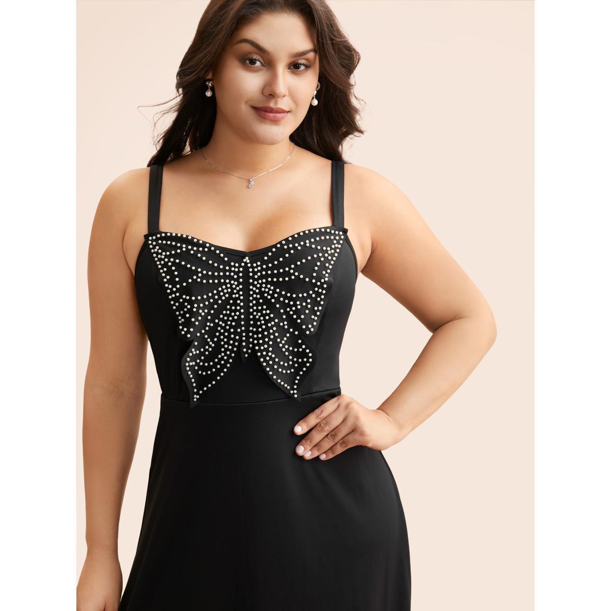 Plus Size Butterfly Pearl Beaded Cami Dress Black Women Elegant Beaded V-neck Sleeveless Curvy BloomChic 10/M Product Image