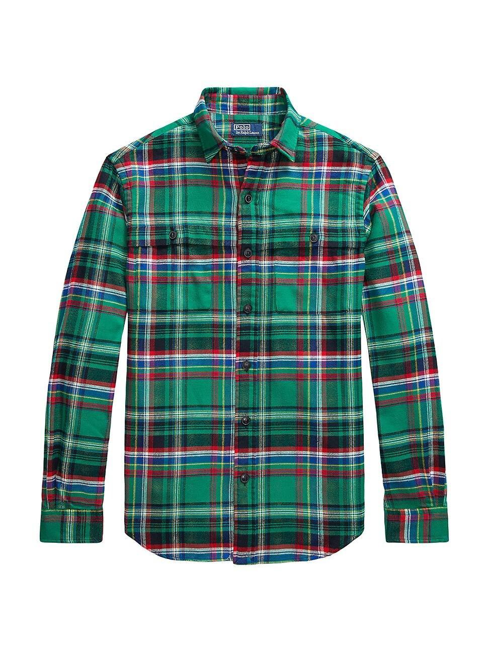 Polo Ralph Lauren Classic Fit Suede Patch Plaid Workshirt (Green Multi) Men's Long Sleeve Button Up Product Image