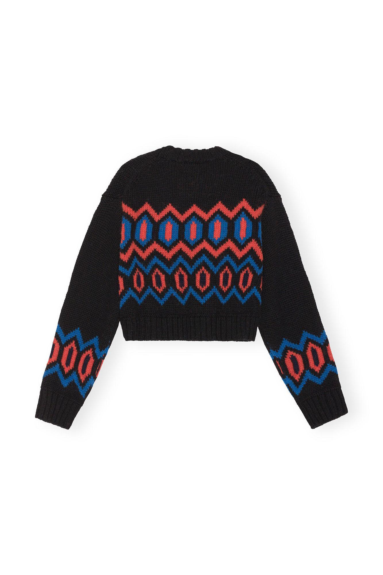 Black Chunky Wool Cropped O-neck Sweater Product Image