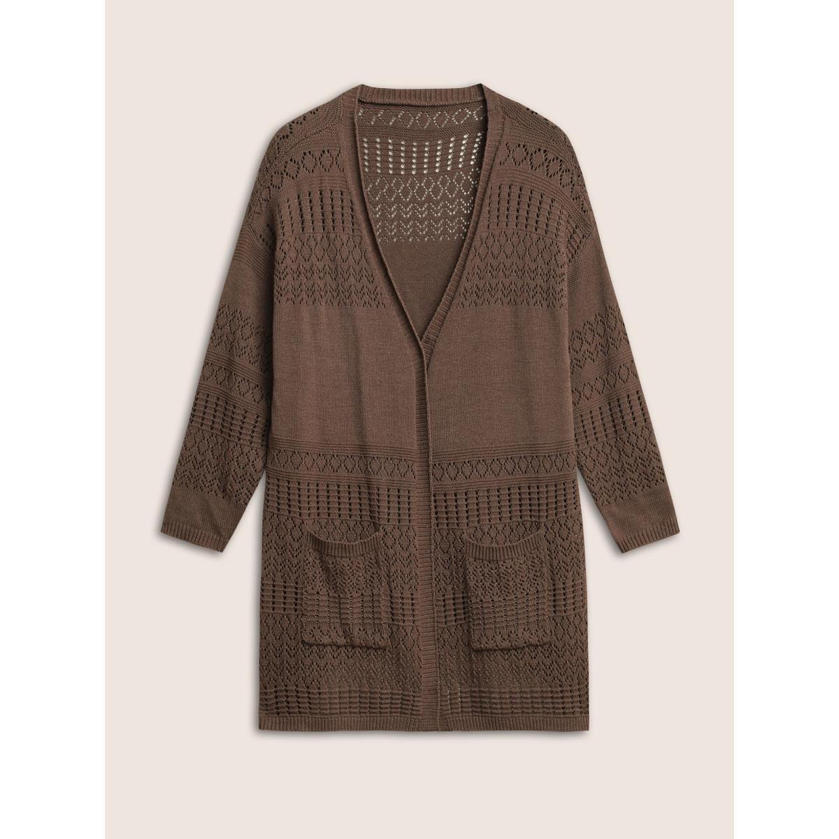 Plus Size Solid Geometric Hollow Out Pocket Cardigan DarkBrown Women Casual Long Sleeve Everyday Cardigans BloomChic 14-16/1X Product Image