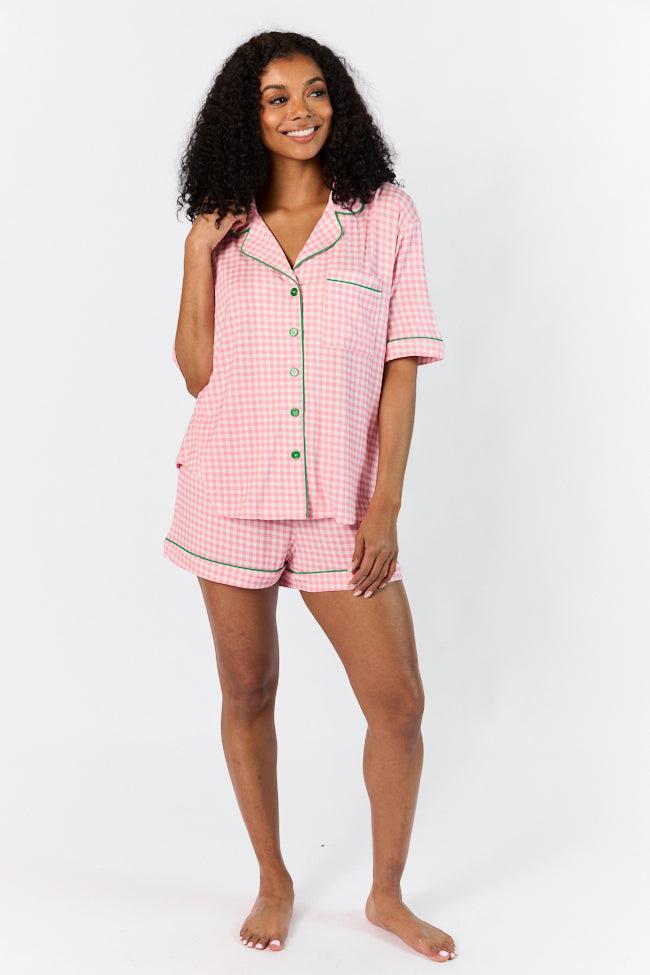 Good To Get Away Pink Gingham Short Sleeve Pajama Top DOORBUSTER Product Image