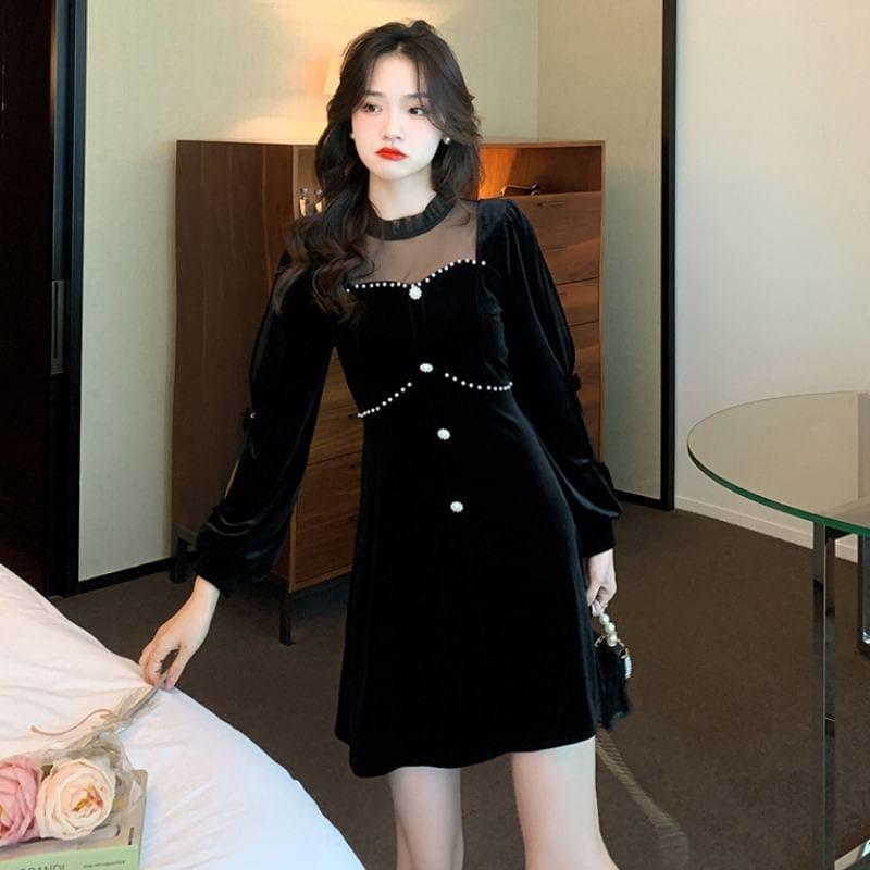 Long-Sleeve Beaded Velvet Mini A-Line Dress Product Image